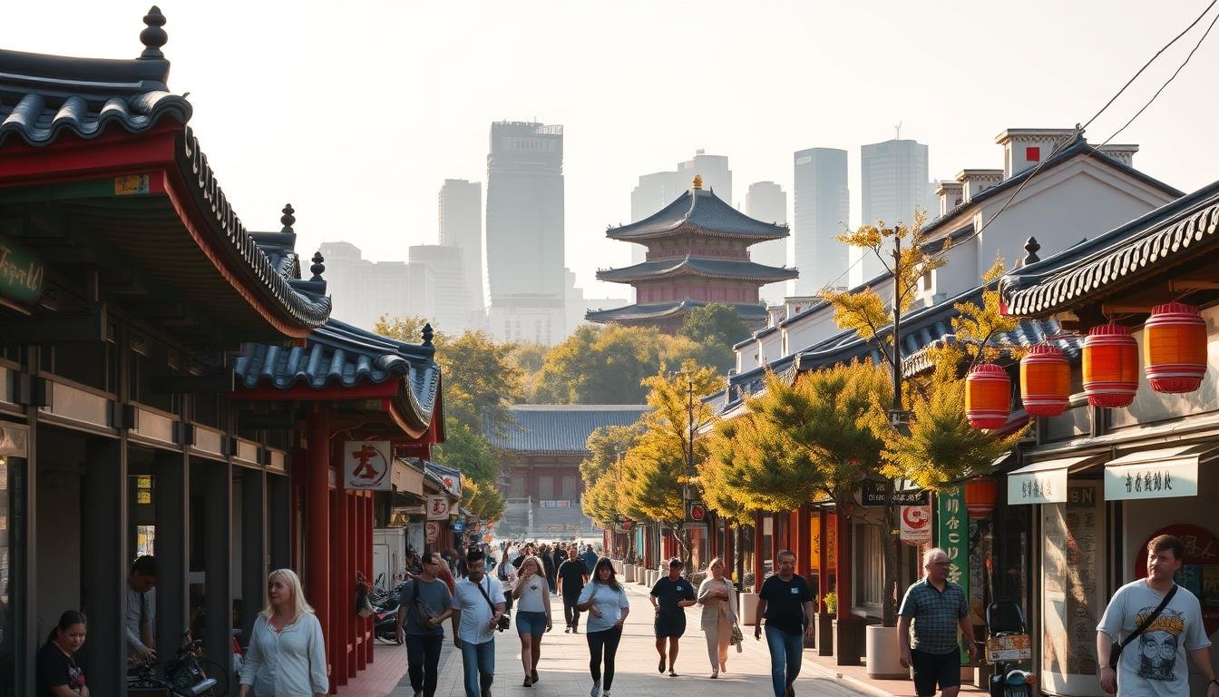 A vibrant street scene in the heart of Seoul, showcasing the city's rich cultural heritage. In the foreground, traditional Korean architecture stands tall, with intricate details and vibrant colors. Pedestrians stroll along the bustling sidewalks, immersed in the lively atmosphere. In the middle ground, a historic palace or temple rises majestically, surrounded by lush greenery and ornate structures. The background reveals the modern skyline of Seoul, a stunning contrast of old and new. The scene is bathed in warm, golden sunlight, creating a serene and inviting ambiance. Capture the essence of Seoul's cultural treasures through this captivating and well-balanced composition.