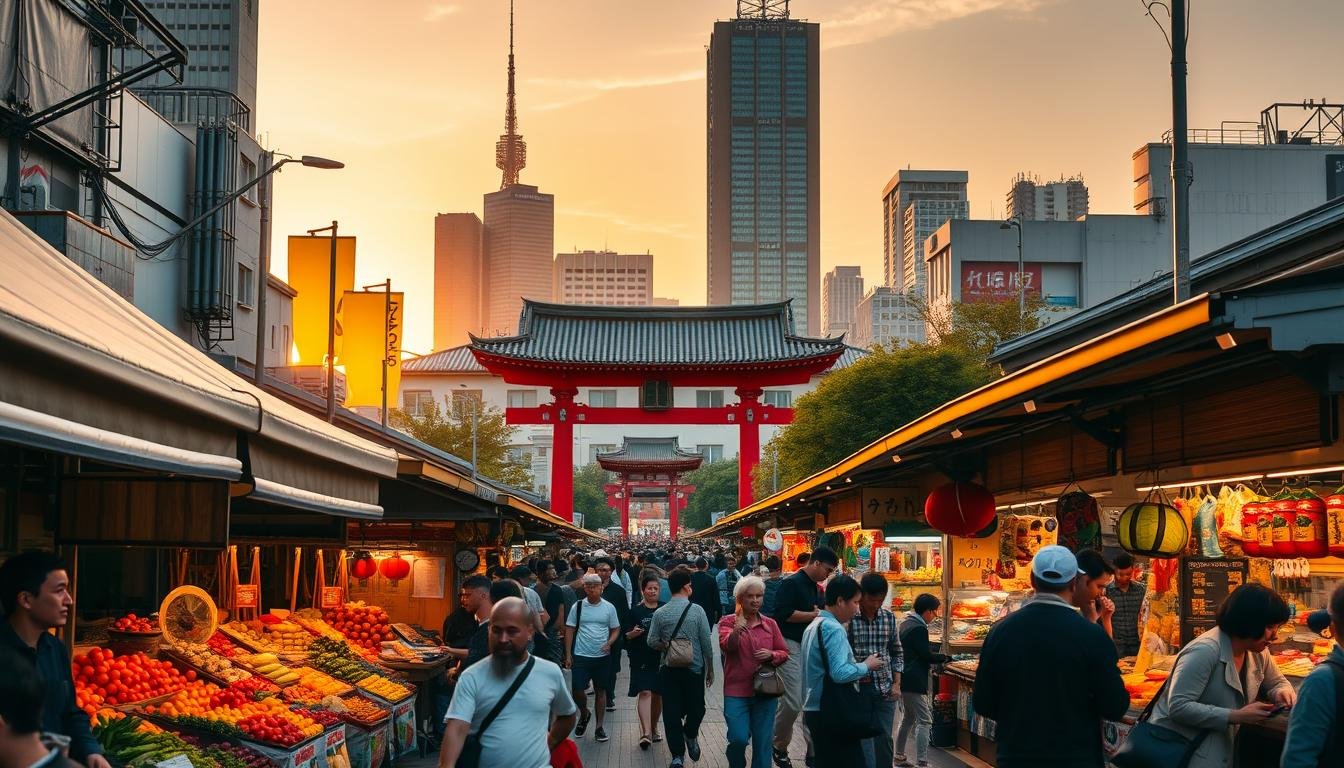 A vibrant street scene in the heart of Tokyo, capturing the energy and excitement of the Tokyo Market Festival. In the foreground, bustling stalls display an array of colorful produce, handcrafted wares, and sizzling street food. Shoppers weave through the crowd, haggling with vendors and sampling local delicacies. In the middle ground, a traditional Shinto shrine stands as a serene backdrop, its intricate architecture and red torii gate contrasting with the lively market atmosphere. The background features the towering skyscrapers of the Tokyo skyline, bathed in warm, golden light as the sun sets over the city. The overall scene conveys the rich cultural tapestry and dynamic energy of this iconic Japanese market festival. A vibrant street scene in the heart of Tokyo, capturing the energy and excitement of the Tokyo Market Festival. In the foreground, bustling stalls display an array of colorful produce, handcrafted wares, and sizzling street food. Shoppers weave through the crowd, haggling with vendors and sampling local delicacies. In the middle ground, a traditional Shinto shrine stands as a serene backdrop, its intricate architecture and red torii gate contrasting with the lively market atmosphere. The background features the towering skyscrapers of the Tokyo skyline, bathed in warm, golden light as the sun sets over the city. The overall scene conveys the rich cultural tapestry and dynamic energy of this iconic Japanese market festival.