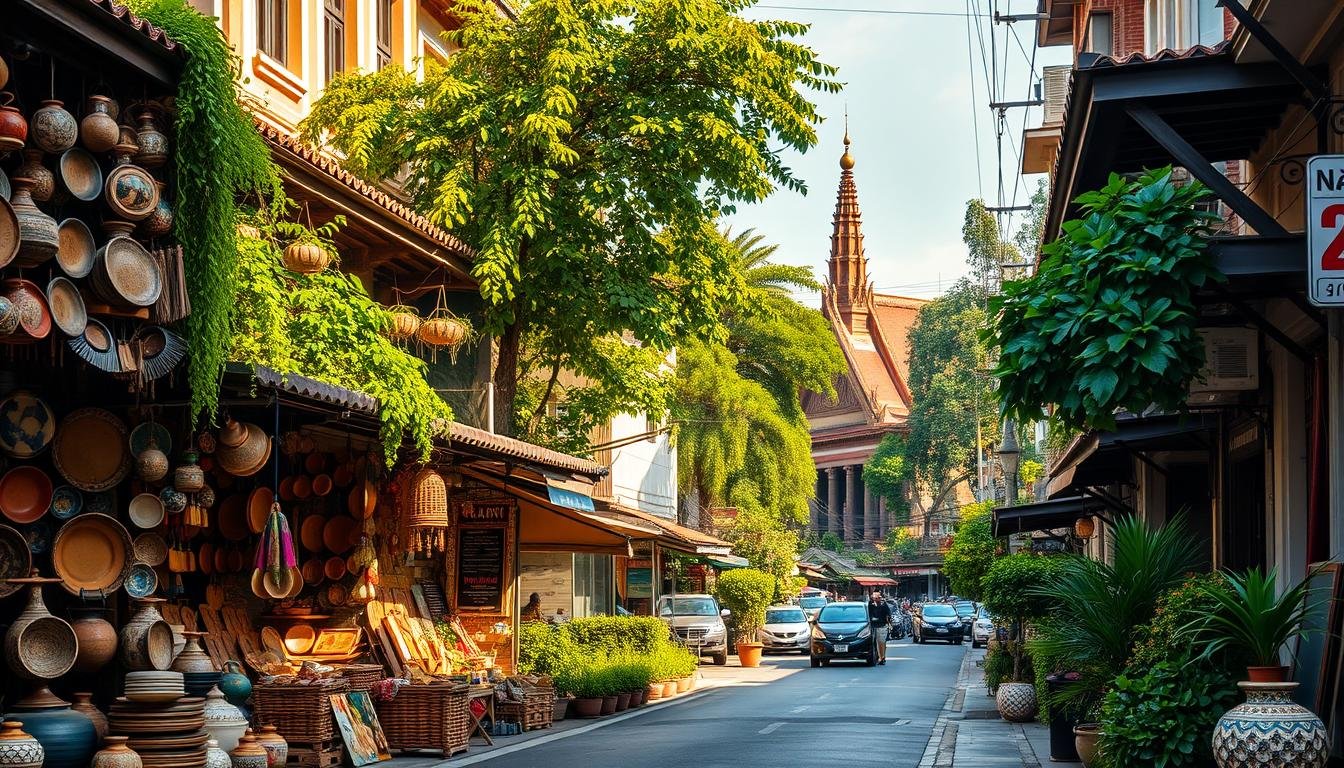A vibrant street scene in the old town of Bangkok, with the famous Siang Wat Road, known for its artisanal shops and indie boutiques. The foreground features intricate handmade crafts, ceramics, and textiles spilling out from the charming shopfronts, bathed in warm, golden sunlight. The middle ground showcases traditional shophouses with their distinctive architectural details, complemented by the lush, verdant foliage of potted plants and trees lining the sidewalks. In the background, the historic buildings and monuments of Bangkok's heritage district create a picturesque and atmospheric setting, evoking the city's rich cultural heritage. The overall scene conveys a sense of vibrant, bohemian energy and a celebration of Thailand's enduring artisanal traditions.