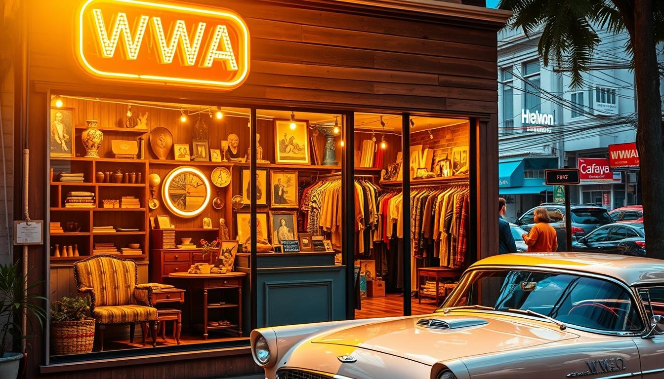 A vibrant, sun-drenched scene of an American-style vintage shop called "WWA". The storefront features a classic neon sign, with large windows showcasing an eclectic mix of retro furniture, mid-century decor, and an array of carefully curated vintage clothing. Rustic wooden shelves and racks display an impeccably styled collection, evoking a sense of timeless elegance and nostalgia. The lighting casts a warm, golden glow, creating an inviting and atmospheric ambiance. In the foreground, a vintage car, possibly a 1950s Ford Thunderbird, is parked out front, complementing the overall vintage aesthetic. The background features a vibrant urban landscape, hinting at the bustling energy of the Bangkokian fashion district.