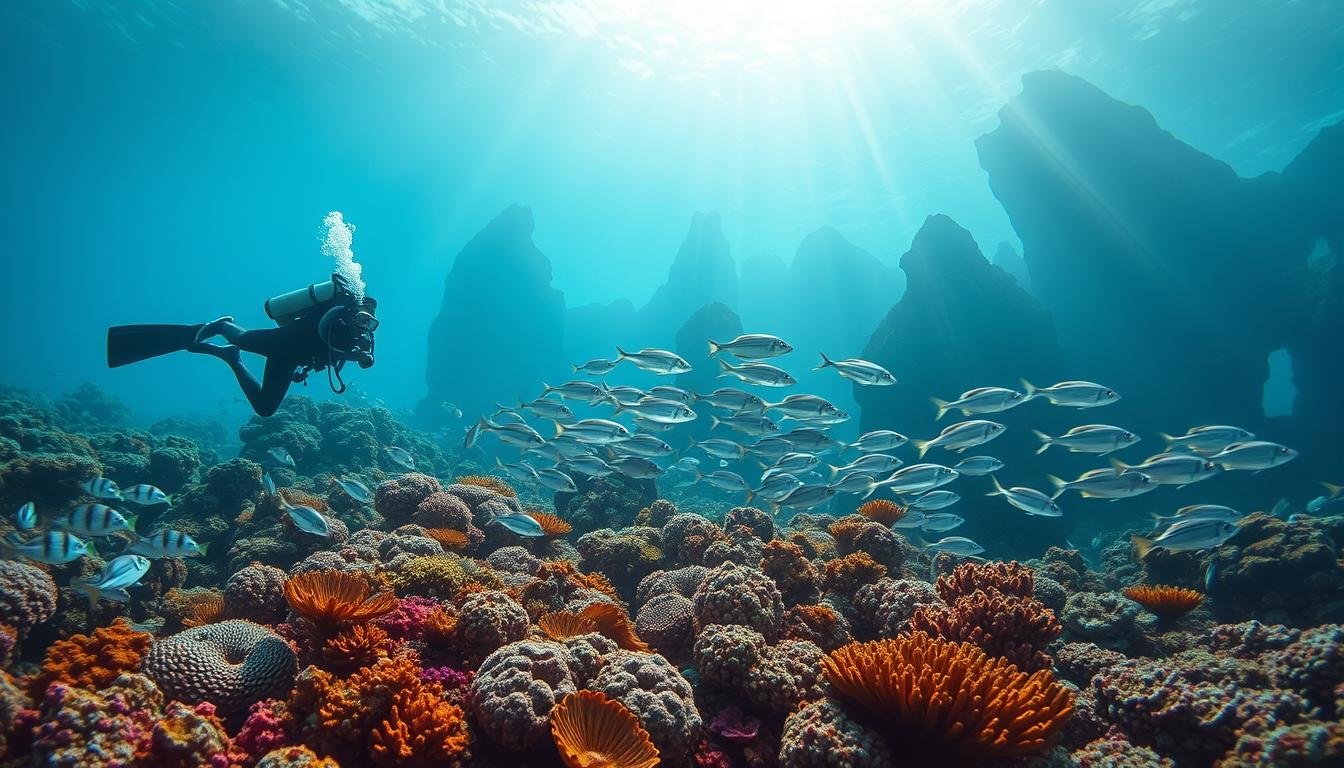 A vibrant underwater scene showcasing the captivating marine life and serene beauty of Jeju Island's dive sites. In the foreground, a scuba diver gracefully explores the colorful coral reef, surrounded by a kaleidoscope of tropical fish swimming in the crystal-clear turquoise waters. The middle ground features a school of silvery baitfish darting through the sunbeams that filter down from the surface. In the background, towering underwater cliffs and seamounts create a dramatic, awe-inspiring landscape. The lighting is natural and diffused, creating a sense of tranquility and wonder. Captured with a wide-angle lens to emphasize the scale and grandeur of this underwater paradise.