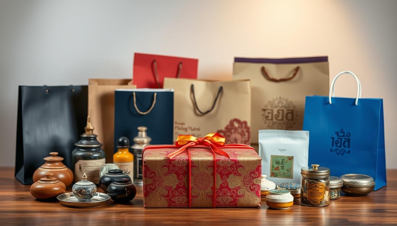 A well-lit, meticulously composed still life scene showcasing an assortment of Thai souvenirs and gifts. In the foreground, an elegant box wrapped in traditional Thai silk fabric sits atop a wooden surface, its vibrant colors and intricate patterns evoking the rich cultural heritage of the region. Surrounding it are an array of smaller items - exquisite lacquerware, delicate ceramics, and fragrant spice jars, each carefully arranged to highlight their unique shapes, textures, and packaging. The middle ground features a variety of shopping bags, some plain and minimalist, others adorned with Thai motifs, hinting at the diverse options available for thoughtful, well-presented gifts. In the background, a soft, diffused lighting illuminates the scene, creating a sense of warmth and timelessness that captures the essence of Bangkok's shopping experience. A well-lit, meticulously composed still life scene showcasing an assortment of Thai souvenirs and gifts. In the foreground, an elegant box wrapped in traditional Thai silk fabric sits atop a wooden surface, its vibrant colors and intricate patterns evoking the rich cultural heritage of the region. Surrounding it are an array of smaller items - exquisite lacquerware, delicate ceramics, and fragrant spice jars, each carefully arranged to highlight their unique shapes, textures, and packaging. The middle ground features a variety of shopping bags, some plain and minimalist, others adorned with Thai motifs, hinting at the diverse options available for thoughtful, well-presented gifts. In the background, a soft, diffused lighting illuminates the scene, creating a sense of warmth and timelessness that captures the essence of Bangkok's shopping experience.