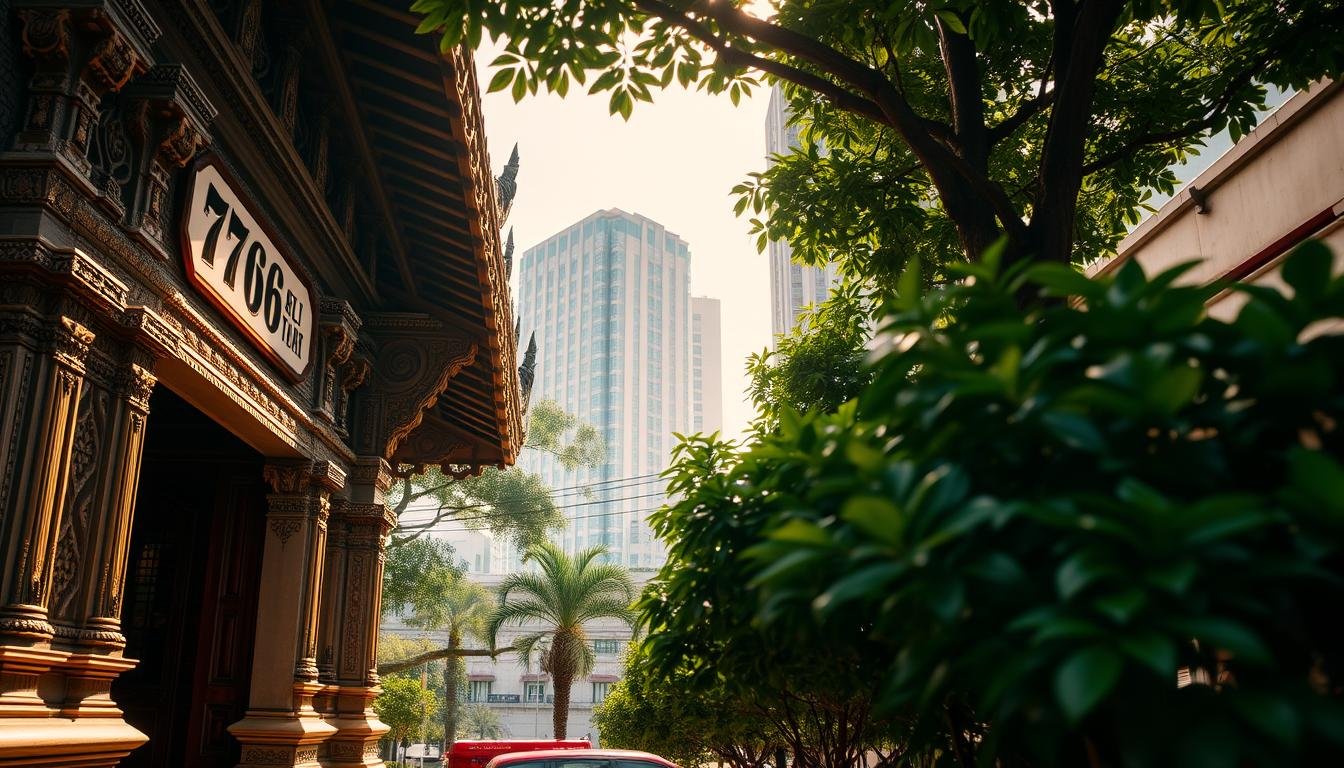 A well-preserved historical architecture, the "76 府" stands as a testament to Bangkok's rich cultural heritage. Captured in a warm afternoon light, the ornate facade with its intricate carvings and intricate tile work takes center stage. The image showcases the blending of Thai and Chinese design elements, offering a glimpse into the city's past. The middle ground features lush foliage, creating a serene and tranquil atmosphere, while the background subtly suggests the modern urban landscape that surrounds this architectural gem. The overall composition captures the essence of Bangkok's ancient wonders coexisting harmoniously with the vibrant present.