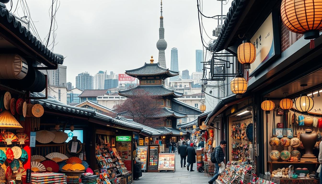 An atmospheric cityscape of Seoul's bustling shopping district, showcasing a diverse array of traditional Korean souvenirs and trinkets. In the foreground, vibrant market stalls and displays of colorful handcrafted items, such as paper fans, ceramic figurines, and intricate jewelry. The middle ground features winding alleyways lined with quaint shops, their facades adorned with neon signs and lanterns. In the background, the iconic architecture of Seoul's skyline, including the graceful curves of traditional hanok roofs, rises above the bustling scene. Warm, golden lighting casts a cozy glow, evoking the lively atmosphere of this renowned shopping destination. The overall composition captures the essence of Seoul's rich cultural heritage and the joy of discovering unique keepsakes. An atmospheric cityscape of Seoul's bustling shopping district, showcasing a diverse array of traditional Korean souvenirs and trinkets. In the foreground, vibrant market stalls and displays of colorful handcrafted items, such as paper fans, ceramic figurines, and intricate jewelry. The middle ground features winding alleyways lined with quaint shops, their facades adorned with neon signs and lanterns. In the background, the iconic architecture of Seoul's skyline, including the graceful curves of traditional hanok roofs, rises above the bustling scene. Warm, golden lighting casts a cozy glow, evoking the lively atmosphere of this renowned shopping destination. The overall composition captures the essence of Seoul's rich cultural heritage and the joy of discovering unique keepsakes.