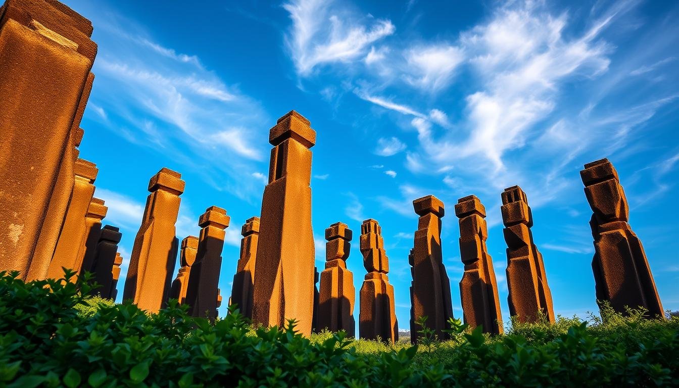 An awe-inspiring basalt column landscape on Jeju Island, South Korea. Towering hexagonal basalt pillars, formed by ancient volcanic activity, rise majestically against a brilliant blue sky with wispy clouds. Warm sunlight casts dramatic shadows, accentuating the unique geometric patterns of the columns. In the foreground, lush green vegetation frames the scene, creating a harmonious contrast between the rugged, geological formations and the vibrant natural surroundings. The overall composition conveys a sense of ancient, untamed grandeur, inviting the viewer to immerse themselves in Jeju Island's captivating natural wonder.