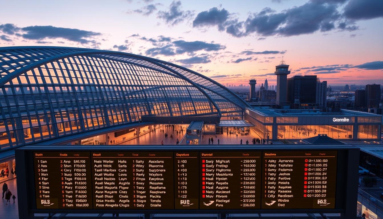An elaborately detailed cityscape, lit by the soft glow of twilight, showcasing a bustling international airport terminal. The vast, modern structure features a sweeping glass facade, allowing natural light to flood the cavernous interior. Travelers navigate the concourses, their paths illuminated by subtle wayfinding signage. In the foreground, a digital departure board displays a multitude of alluring destinations, their names and flight times enticing the viewer to explore the world. The scene evokes a sense of excitement and anticipation, inviting the viewer to embark on their own travel adventure.
