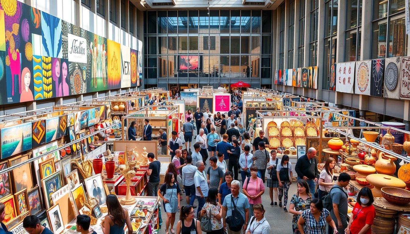 An energetic, vibrant scene of the Design Festa art festival in Japan. In the foreground, a bustling marketplace filled with handcrafted wares, from colorful paintings and sculptures to intricate textiles and ceramics. Artisans and visitors mingle amidst the lively atmosphere, creating a sense of cultural exchange and creative energy. The middle ground showcases interactive art installations and live performances, drawing the eye deeper into the event. In the background, the modern architecture of the festival venue frames the scene, providing an urban yet artistic backdrop. Warm, natural lighting casts a welcoming glow over the entire tableau, capturing the spirit of this intersection between art, culture, and local life. An energetic, vibrant scene of the Design Festa art festival in Japan. In the foreground, a bustling marketplace filled with handcrafted wares, from colorful paintings and sculptures to intricate textiles and ceramics. Artisans and visitors mingle amidst the lively atmosphere, creating a sense of cultural exchange and creative energy. The middle ground showcases interactive art installations and live performances, drawing the eye deeper into the event. In the background, the modern architecture of the festival venue frames the scene, providing an urban yet artistic backdrop. Warm, natural lighting casts a welcoming glow over the entire tableau, capturing the spirit of this intersection between art, culture, and local life.