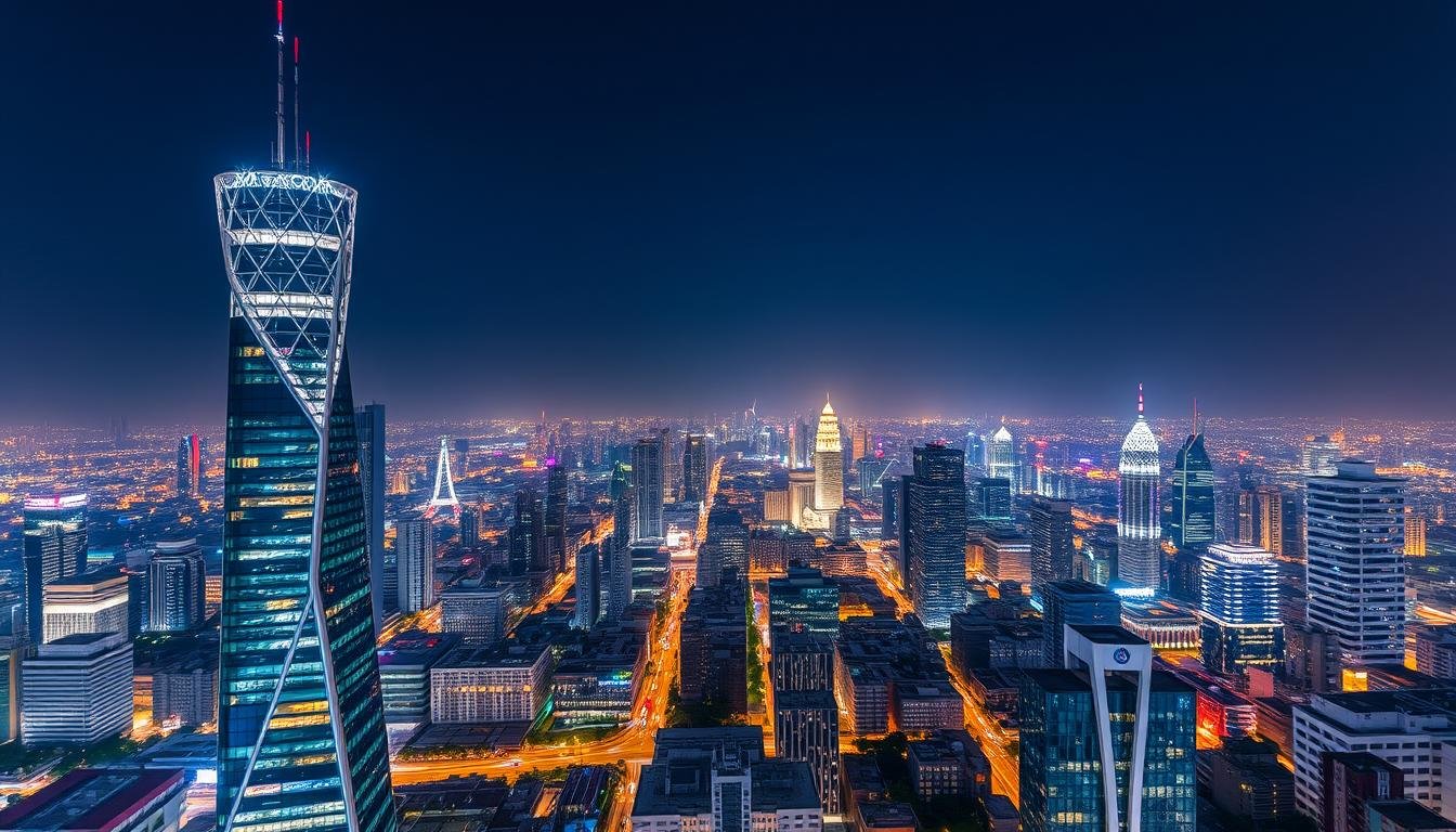 An expansive aerial view of Bangkok's vibrant skyline at night, showcasing the iconic Mahanakhon SkyWalk observation deck and the enchanting Rainbow Cloud Lounge. In the foreground, the Mahanakhon tower's illuminated, asymmetrical facade stands tall, its sleek glass and steel construction reflecting the twinkling lights of the city below. The middle ground features the bustling streets and glittering high-rises, while the background is dominated by a deep indigo sky, punctuated by the warm glow of the city's countless windows. The scene is bathed in a soft, warm light, creating a captivating and serene atmosphere that evokes the wonder and energy of Bangkok's urban landscape.