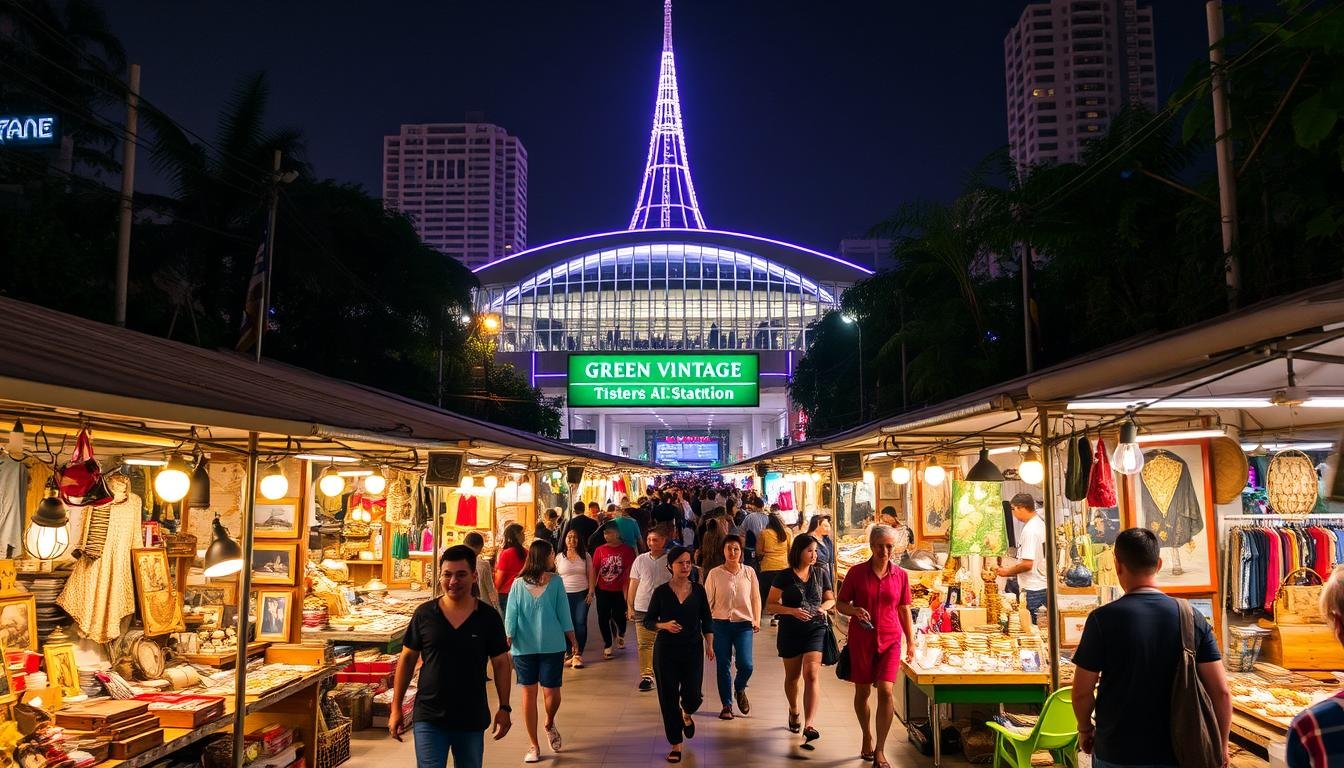 An expansive night market in Bangkok's lively Ratchayothin district, Green Vintage Ratchayothin 二手市集 is a charming blend of old and new. Vibrant stalls offer a trove of vintage wares, antiques, and secondhand finds, their wares casting a warm glow under the soft lighting. In the background, the iconic BTS Phaholyothin station stands as a beacon, its futuristic architecture contrasting with the retro atmosphere. Wandering patrons browse amidst the bustling energy, pausing to soak in the sounds of live music performances that lend a soulful ambiance to the scene. This enchanting marketplace showcases Bangkok's rich cultural tapestry, inviting visitors to immerse themselves in a uniquely local experience.