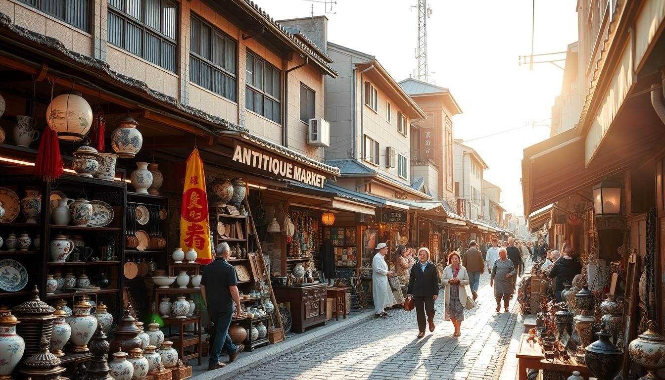 An expansive open-air market set against the historic backdrop of Edo-era architecture, "Ōedo Antique Market" in Tokyo bustles with vendors offering a treasure trove of vintage wares. Narrow cobblestone paths wind through a labyrinth of stalls overflowing with porcelain vases, intricate lacquerware, rustic woodcarvings, and gleaming metalwork - each item a testament to Japan's rich cultural heritage. Warm afternoon sunlight filters through the awnings, casting a golden glow over the bustling scene. Shoppers meander amidst the stalls, immersed in the atmospheric sights, sounds, and scents of this celebrated open-air antique market, the largest of its kind in the country.