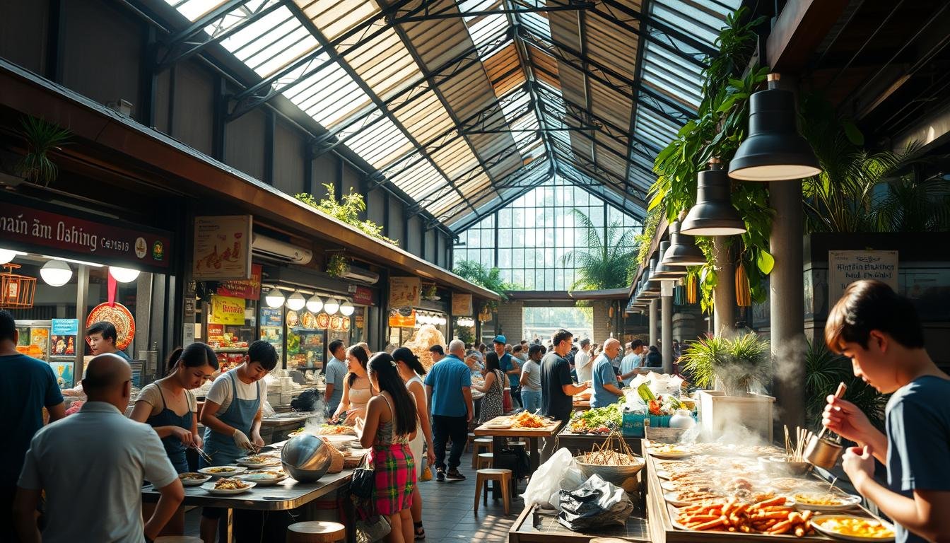 An indoor water market at ICONSIAM, Bangkok, with vibrant stalls offering a diverse array of local street food. Sunlight filters through the high glass ceilings, casting a warm glow on the bustling scene below. Vendors skillfully prepare fragrant dishes, their movements captured in a cinematic, shallow depth of field. Patrons sit at small tables, sampling steaming bowls of noodles and sizzling grilled skewers against a backdrop of traditional Thai architecture and lush greenery. The atmosphere is lively, with a sense of timelessness and cultural immersion, inviting visitors to explore the delectable delights of this iconic urban food hall.