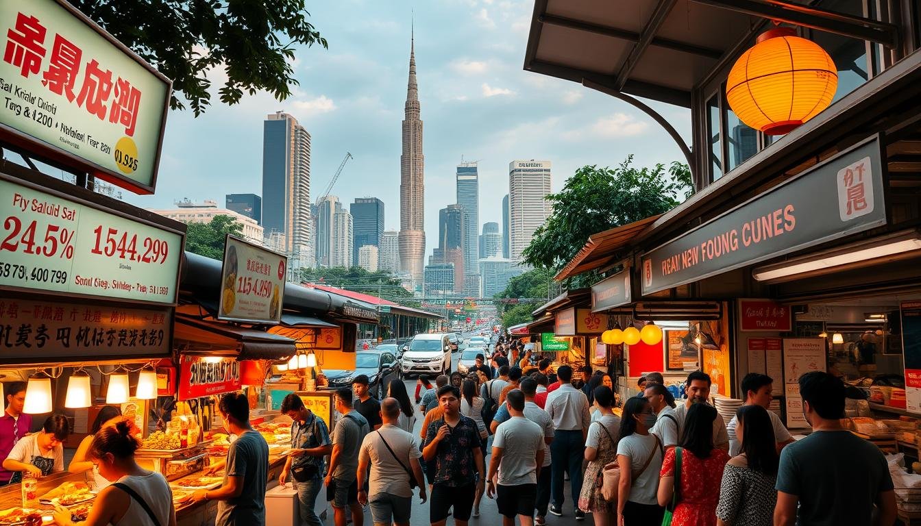 An inviting outdoor food court in Bangkok, bustling with locals and tourists alike. In the foreground, a diverse array of stalls offering a mouthwatering selection of Thai street food, each with clearly displayed prices. The middle ground features a lively crowd patiently queuing, eagerly anticipating their turn to savor the delectable dishes. The background depicts the vibrant cityscape, with towering skyscrapers and bustling traffic, setting the scene for an authentic Thai culinary adventure. Warm, golden lighting bathes the entire composition, creating a welcoming and appetizing atmosphere. The image conveys the essential information of pricing and queue strategies for experiencing the best of Bangkok's renowned local cuisine.