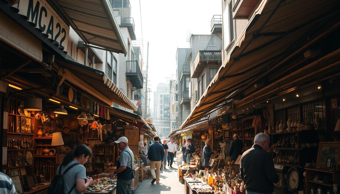 An old-fashioned flea market in Akasaka, Tokyo, with a vintage atmosphere. Weathered wooden stalls line the narrow streets, displaying an eclectic array of antiques, trinkets, and second-hand treasures. Sunlight filters through the canopy of awnings, casting a warm, golden glow over the bustling scene. In the foreground, customers browse through the wares, their faces alight with the thrill of discovery. In the middle ground, vendors skillfully arrange their eclectic offerings, each item a testament to the passage of time. The background is a tapestry of historic buildings, their facades adorned with intricate architectural details that hint at the neighborhood's storied past. An atmosphere of nostalgia and discovery permeates the air, inviting visitors to step back in time and immerse themselves in the charm of this vibrant, vintage marketplace.