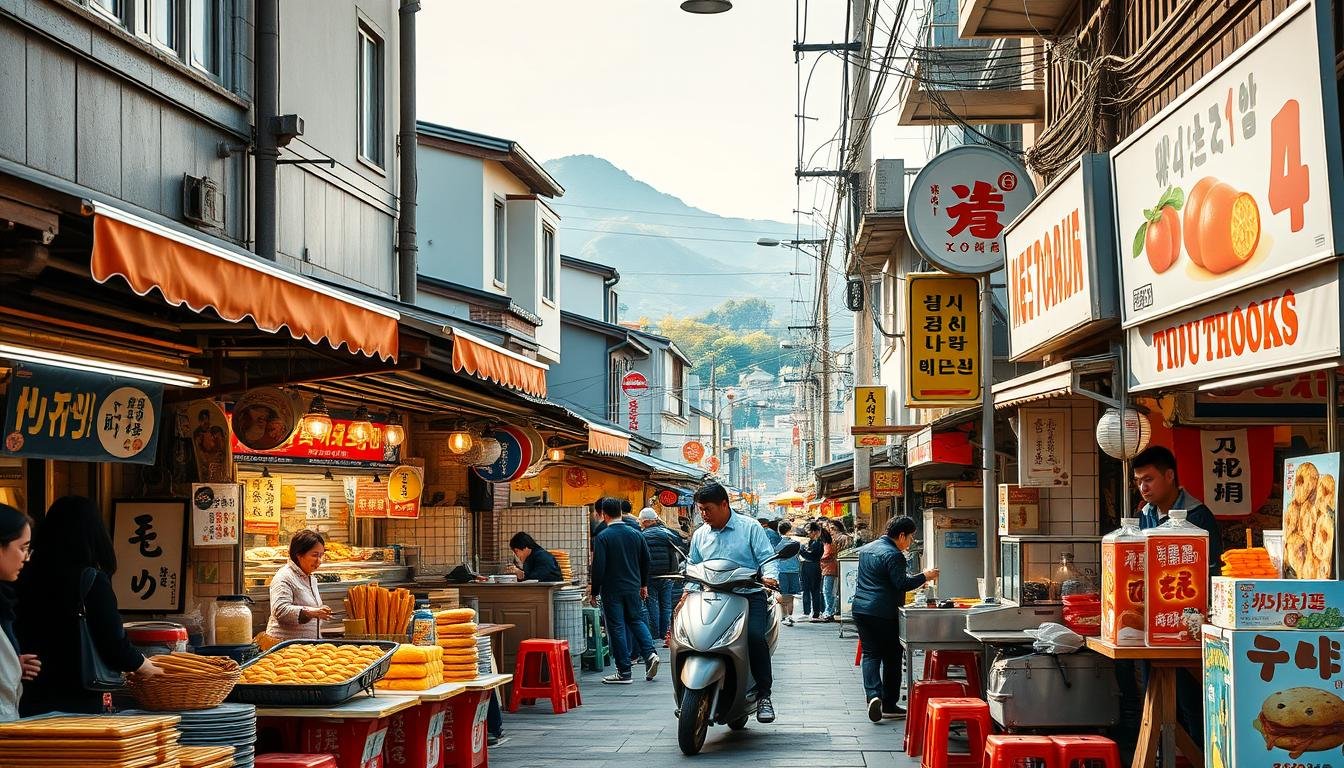 Bustling Jeju street scene, showcasing a vibrant collection of traditional Korean street food stalls. In the foreground, vendors offer steaming hotteok pancakes, sizzling tteokbokki rice cakes, and juicy, grilled odeng fishcakes. Vibrant outdoor seating areas are dotted with locals and tourists savoring these iconic Jeju flavors. The middle ground features a lively mix of narrow alleys, colorful signage, and the occasional passing scooter. In the background, glimpses of Jeju's iconic volcanic peaks and lush green landscapes provide a picturesque backdrop. Warm, natural lighting casts a cozy glow over the entire scene, capturing the bustling energy and mouthwatering aromas of Jeju's hidden street food gems. Bustling Jeju street scene, showcasing a vibrant collection of traditional Korean street food stalls. In the foreground, vendors offer steaming hotteok pancakes, sizzling tteokbokki rice cakes, and juicy, grilled odeng fishcakes. Vibrant outdoor seating areas are dotted with locals and tourists savoring these iconic Jeju flavors. The middle ground features a lively mix of narrow alleys, colorful signage, and the occasional passing scooter. In the background, glimpses of Jeju's iconic volcanic peaks and lush green landscapes provide a picturesque backdrop. Warm, natural lighting casts a cozy glow over the entire scene, capturing the bustling energy and mouthwatering aromas of Jeju's hidden street food gems.