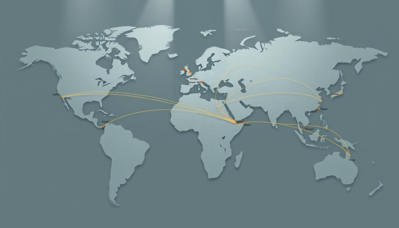 Detailed digital illustration of Cathay Pacific's most popular direct international flight routes, showcased on a sleek, minimalist world map. The routes are displayed as vibrant, smooth lines connecting major global hubs, with subtle gradients and depth to create a sense of scale and perspective. The map is rendered in a clean, sophisticated style with a muted color palette, allowing the flight paths to take center stage. Soft lighting from above casts gentle shadows, enhancing the three-dimensional feel. The composition is well-balanced, directing the viewer's attention to the key information while maintaining an elegant, professional aesthetic. Detailed digital illustration of Cathay Pacific's most popular direct international flight routes, showcased on a sleek, minimalist world map. The routes are displayed as vibrant, smooth lines connecting major global hubs, with subtle gradients and depth to create a sense of scale and perspective. The map is rendered in a clean, sophisticated style with a muted color palette, allowing the flight paths to take center stage. Soft lighting from above casts gentle shadows, enhancing the three-dimensional feel. The composition is well-balanced, directing the viewer's attention to the key information while maintaining an elegant, professional aesthetic.