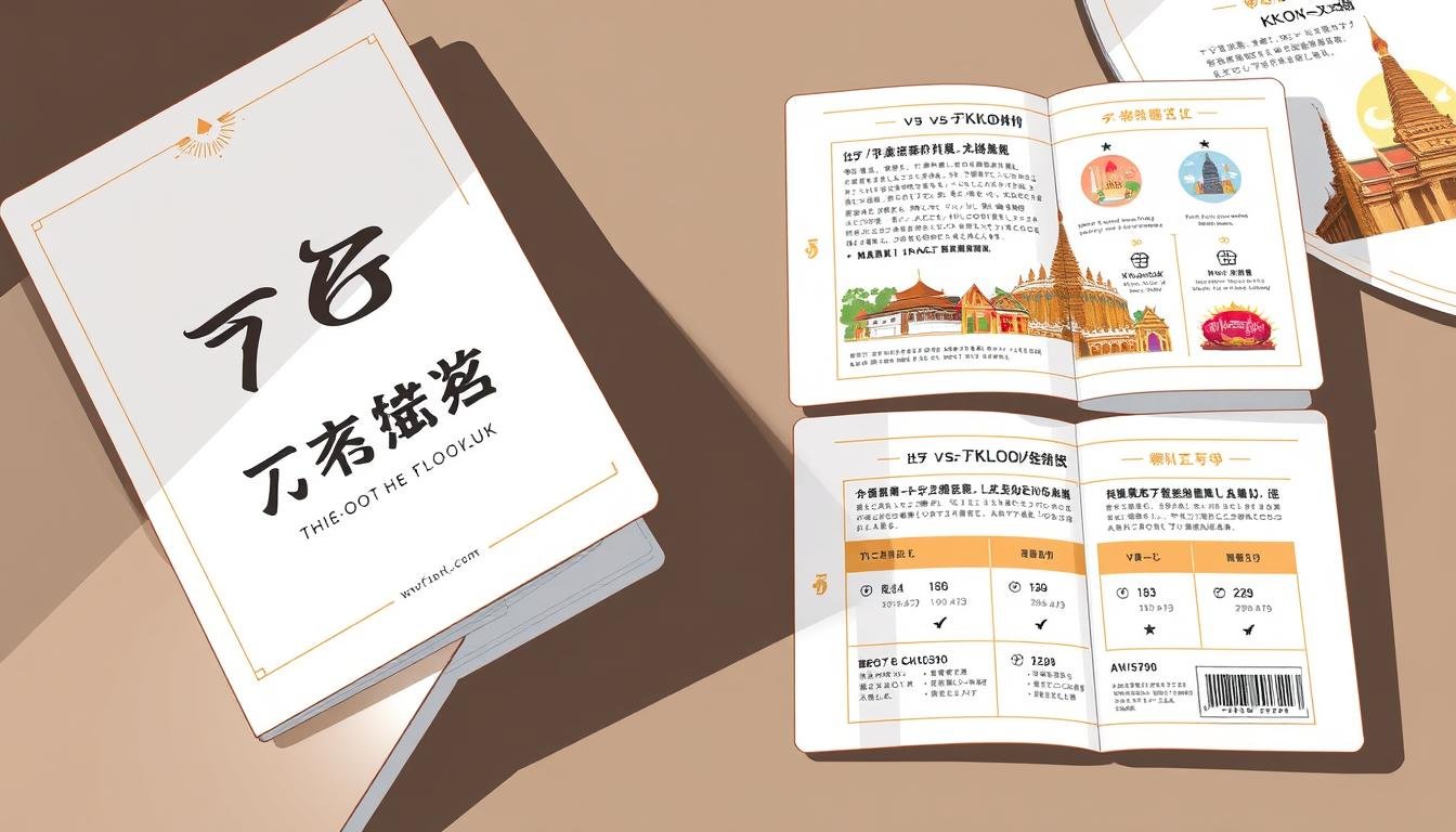 Detailed illustration of a Bangkok travel ticket guide, showcasing a variety of ticket options for exploring the historical sites of the city. The scene depicts a meticulously designed brochure or guidebook, with a clean and modern layout. The cover features a bold title "76 府 票券指南" in traditional Thai script, with a subtle embellishment or ornament. The pages inside reveal clear pricing information, visual icons, and concise descriptions comparing "現場票 vs KKday/KLOOK 套票" options. The overall aesthetic is sophisticated, highlighting the rich cultural heritage and convenience of navigating Bangkok's attractions.