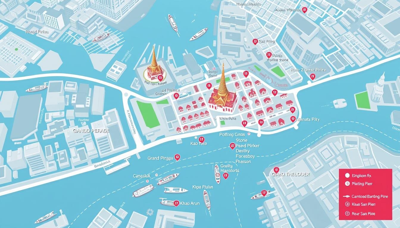 Detailed map of popular Bangkok landmarks and their corresponding river boat piers. Wide aerial view showcasing the Chao Phraya River flowing through the city, with icons denoting various iconic attractions such as the Grand Palace, Wat Arun, and Khao San Road. The map is presented in a clean, intuitive layout with minimal text, focusing on the spatial relationships between the piers and landmarks. Rendered in a bright, vibrant color palette that captures the lively atmosphere of Bangkok. Detailed enough to serve as a navigation aid, while retaining an artistic, illustrative quality suitable for a magazine article. Detailed map of popular Bangkok landmarks and their corresponding river boat piers. Wide aerial view showcasing the Chao Phraya River flowing through the city, with icons denoting various iconic attractions such as the Grand Palace, Wat Arun, and Khao San Road. The map is presented in a clean, intuitive layout with minimal text, focusing on the spatial relationships between the piers and landmarks. Rendered in a bright, vibrant color palette that captures the lively atmosphere of Bangkok. Detailed enough to serve as a navigation aid, while retaining an artistic, illustrative quality suitable for a magazine article.