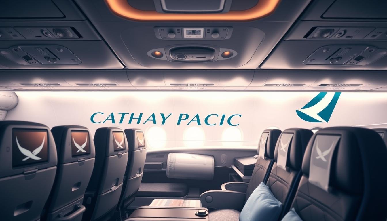 Detailed, photorealistic image of Cathay Pacific airline's brand and service, showcasing their iconic logo, aircraft, and elegant cabin interiors. Capture the airline's premium quality, attentive service, and commitment to passenger comfort. Depict the scene from an angle that highlights the brand's distinct visual identity, with well-lit, crisp, and immersive composition. Convey a sense of sophistication, reliability, and global connectivity associated with the Cathay Pacific brand. Incorporate a calming, professional tone that aligns with the article's subject matter.