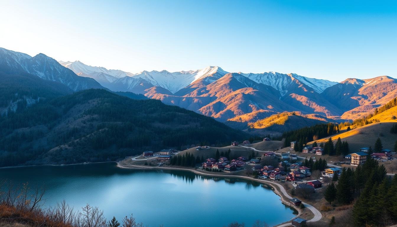 Dramatic mountainous landscape of Gangwon-do province, South Korea. Majestic snow-capped peaks rise majestically, their rugged slopes blanketed in lush evergreen forests. A pristine alpine lake reflects the towering peaks, its crystal-clear waters shimmering in the warm sunlight. Picturesque villages dot the rolling hills, their traditional hanok houses and red-tiled roofs nestled amidst the breathtaking scenery. Warm, golden hour lighting bathes the entire scene, creating a serene, dreamlike atmosphere. The viewer is drawn into this tranquil, awe-inspiring natural wonder, a quintessential filming location for countless beloved Korean dramas. Dramatic mountainous landscape of Gangwon-do province, South Korea. Majestic snow-capped peaks rise majestically, their rugged slopes blanketed in lush evergreen forests. A pristine alpine lake reflects the towering peaks, its crystal-clear waters shimmering in the warm sunlight. Picturesque villages dot the rolling hills, their traditional hanok houses and red-tiled roofs nestled amidst the breathtaking scenery. Warm, golden hour lighting bathes the entire scene, creating a serene, dreamlike atmosphere. The viewer is drawn into this tranquil, awe-inspiring natural wonder, a quintessential filming location for countless beloved Korean dramas.