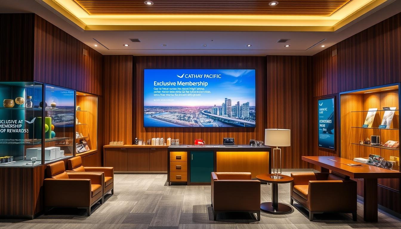 Elegant and refined storefront display showcasing Cathay Pacific Airlines' exclusive membership perks and rewards. Richly textured wood paneling, sleek glass cabinets, and warm lighting create an inviting, premium ambiance. Prominently featured are luxurious leather armchairs, complimentary refreshments, and a stylish information desk, all conveying a sense of exceptional service and hospitality for the airline's most valued customers. In the background, a large video display cycles through enticing travel destinations and member benefit highlights. The overall scene exudes a refined, business class atmosphere tailored to the discerning Cathay Pacific frequent flyer. Elegant and refined storefront display showcasing Cathay Pacific Airlines' exclusive membership perks and rewards. Richly textured wood paneling, sleek glass cabinets, and warm lighting create an inviting, premium ambiance. Prominently featured are luxurious leather armchairs, complimentary refreshments, and a stylish information desk, all conveying a sense of exceptional service and hospitality for the airline's most valued customers. In the background, a large video display cycles through enticing travel destinations and member benefit highlights. The overall scene exudes a refined, business class atmosphere tailored to the discerning Cathay Pacific frequent flyer.