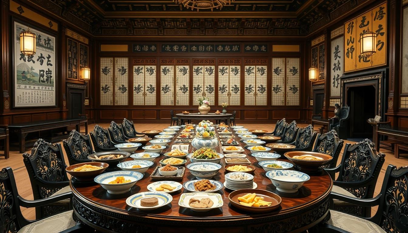 Elegant table setting in a grand Korean royal palace hall, featuring an assortment of traditional Korean royal court dishes. Intricate porcelain plates and bowls arranged in a symmetrical pattern, showcasing various savory and sweet delicacies. Ornately carved wooden furniture, rich fabrics, and warm lighting create an atmosphere of refined opulence. In the background, decorative screens and detailed architectural elements evoke the grandeur of the historical Korean royal court. The scene conveys the complexity and ceremonial nature of the traditional Korean palace banquet culture. Elegant table setting in a grand Korean royal palace hall, featuring an assortment of traditional Korean royal court dishes. Intricate porcelain plates and bowls arranged in a symmetrical pattern, showcasing various savory and sweet delicacies. Ornately carved wooden furniture, rich fabrics, and warm lighting create an atmosphere of refined opulence. In the background, decorative screens and detailed architectural elements evoke the grandeur of the historical Korean royal court. The scene conveys the complexity and ceremonial nature of the traditional Korean palace banquet culture.