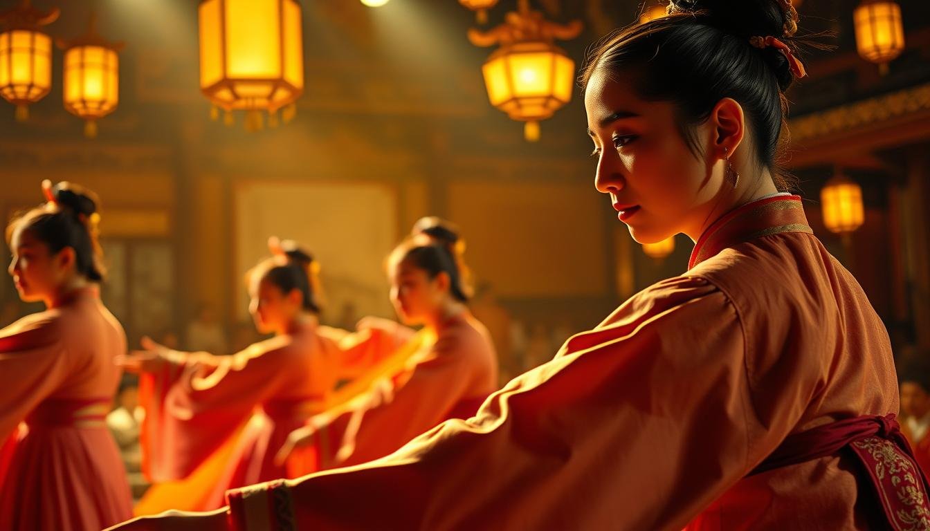 Intricate Korean traditional performance, captivating dancers in vibrant hanbok costumes, gracefully moving to the rhythmic beats of traditional instruments. Ornate stage with intricate woodcarvings and decorative lanterns, bathed in warm golden light. Ethereal atmosphere, evoking the essence of Korean cultural heritage. Tight close-up shot of the performers' faces, conveying their intense focus and expressive movements. Wide establishing shot showcasing the elaborate stage design and the audience in the background, immersed in the mesmerizing spectacle. Cinematic lighting and depth of field, creating a sense of depth and drama.