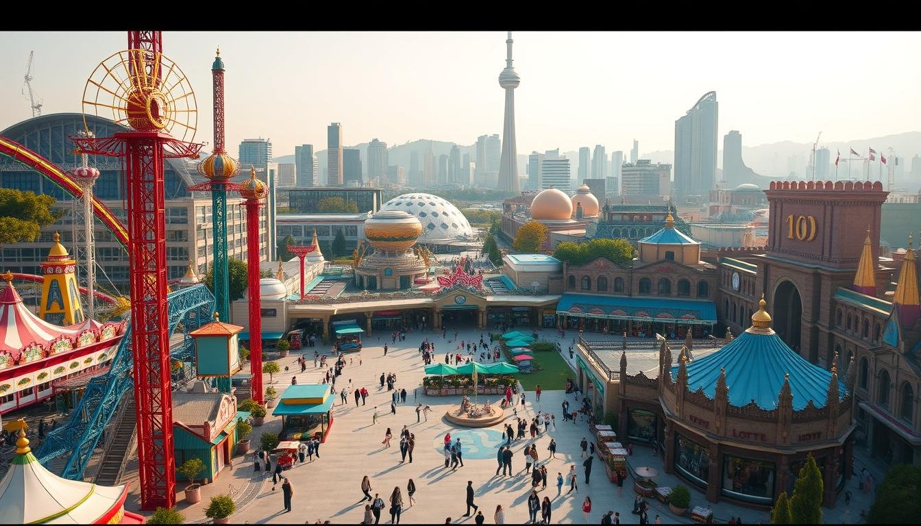 Lotte World, a vibrant theme park nestled amidst a captivating urban landscape. In the foreground, towering rides and attractions beckon visitors, their colorful structures casting playful shadows across the bustling plaza. In the middle ground, a charming promenade lined with shops and restaurants, bustling with the energy of families and friends enjoying the day. In the distance, the iconic Lotte World Tower soars, its sleek, modern design a striking contrast to the whimsical theme park below. The scene is bathed in warm, golden light, creating a sense of wonder and excitement, inviting the viewer to step into this vibrant, immersive world. Lotte World, a vibrant theme park nestled amidst a captivating urban landscape. In the foreground, towering rides and attractions beckon visitors, their colorful structures casting playful shadows across the bustling plaza. In the middle ground, a charming promenade lined with shops and restaurants, bustling with the energy of families and friends enjoying the day. In the distance, the iconic Lotte World Tower soars, its sleek, modern design a striking contrast to the whimsical theme park below. The scene is bathed in warm, golden light, creating a sense of wonder and excitement, inviting the viewer to step into this vibrant, immersive world.