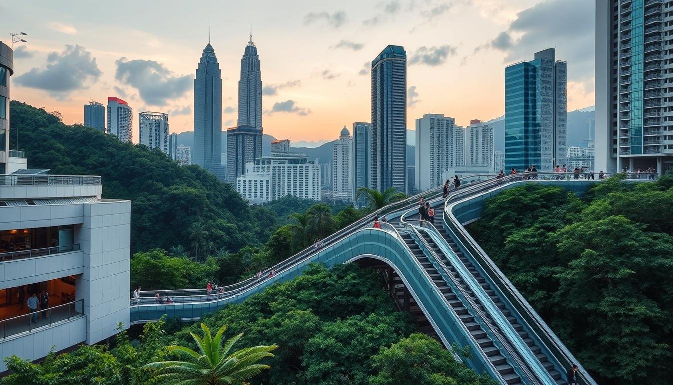 Midtown Hong Kong at dusk, the iconic Central-Mid-Levels escalator system ascending a lush, hilly landscape. Modernist architecture and lush greenery in the foreground, with the towering skyscrapers of the Central business district in the background, bathed in warm, golden light. The escalator curves gracefully through the scene, its metal and glass structure complementing the urban environment. Pedestrians ascend and descend, creating a sense of motion and activity. The atmosphere is one of tranquility and contemplation, inviting the viewer to experience the unique charm of this beloved Hong Kong landmark.