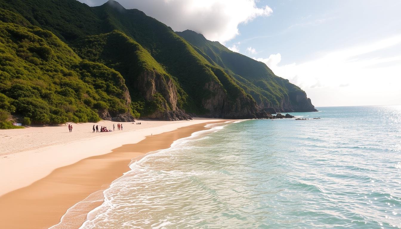 Serene turquoise waters caress the powdery white sand of Woljeongri Beach, nestled in the picturesque Woljeong-ri district of Jeju Island. Lush, verdant cliffs rise majestically in the background, casting gentle shadows over the tranquil cove. Warm sunlight filters through wispy clouds, illuminating the shimmering surface of the emerald-green sea. Beachgoers stroll leisurely along the shore, taking in the breathtaking natural beauty that surrounds them. A dreamlike atmosphere of peace and relaxation pervades the scene, inviting visitors to indulge in the captivating charm of this idyllic seaside haven.