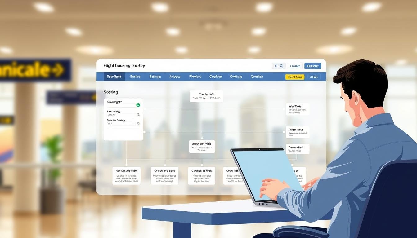 a detailed digital illustration of the flight booking process on a travel booking website. in the foreground, a person sitting at a desk interacts with a laptop, navigating through the booking steps. the middle ground shows a flowchart diagram with labeled sections representing the booking journey, such as searching for flights, selecting dates and destinations, choosing seats and extras, and completing the transaction. the background has a blurred cityscape or airport terminal setting, conveying the context of travel and tourism. the scene is well-lit with soft, directional lighting, creating a clean, modern aesthetic. the overall mood is informative and professional, suitable for an instructional guide on the booking process.