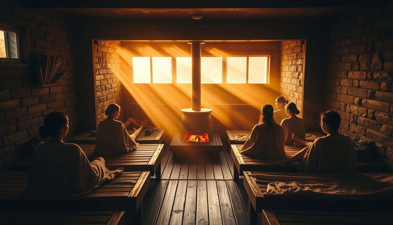 A 24-hour traditional Korean sauna in the heart of Hongdae, Seoul, enveloped in a warm, cozy ambiance. The interior is bathed in a soft, amber glow, with stone walls and a central wood-fired stove casting a mesmerizing dance of flickering flames. Patrons recline on elevated wooden platforms, towels draped over their bodies, as they bask in the soothing, dry heat. The air is thick with the earthy aroma of smoldering wood, creating a serene, meditative atmosphere. Sunlight filters through the windows, casting a golden hue over the scene, evoking a timeless, traditional sensibility. A tranquil oasis amidst the bustling city, this 24-hour sauna offers a truly authentic Korean spa experience. A 24-hour traditional Korean sauna in the heart of Hongdae, Seoul, enveloped in a warm, cozy ambiance. The interior is bathed in a soft, amber glow, with stone walls and a central wood-fired stove casting a mesmerizing dance of flickering flames. Patrons recline on elevated wooden platforms, towels draped over their bodies, as they bask in the soothing, dry heat. The air is thick with the earthy aroma of smoldering wood, creating a serene, meditative atmosphere. Sunlight filters through the windows, casting a golden hue over the scene, evoking a timeless, traditional sensibility. A tranquil oasis amidst the bustling city, this 24-hour sauna offers a truly authentic Korean spa experience.