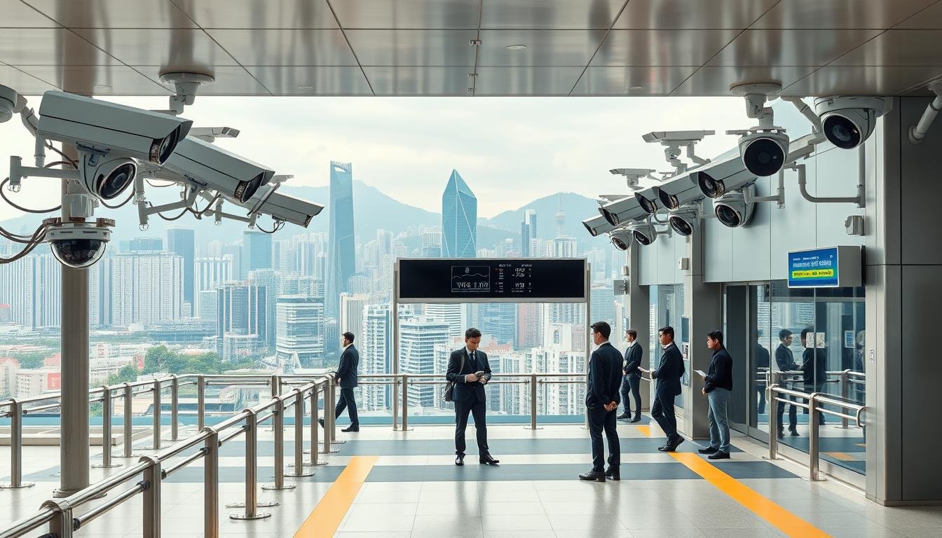 A Hong Kong customs inspection station, its exterior adorned with sleek, high-tech surveillance equipment. In the foreground, a series of smart cameras and sensors meticulously monitor the flow of people and vehicles. The middle ground reveals a team of customs officers strategically positioned, utilizing advanced software to analyze data and identify potential threats. The background showcases a panoramic view of the bustling Hong Kong cityscape, underscoring the need for efficient, technologically-driven border control. Diffused natural lighting casts a professional, authoritative tone, while the clean, minimalist design of the customs facility conveys a sense of modern, well-coordinated operations. A Hong Kong customs inspection station, its exterior adorned with sleek, high-tech surveillance equipment. In the foreground, a series of smart cameras and sensors meticulously monitor the flow of people and vehicles. The middle ground reveals a team of customs officers strategically positioned, utilizing advanced software to analyze data and identify potential threats. The background showcases a panoramic view of the bustling Hong Kong cityscape, underscoring the need for efficient, technologically-driven border control. Diffused natural lighting casts a professional, authoritative tone, while the clean, minimalist design of the customs facility conveys a sense of modern, well-coordinated operations.
