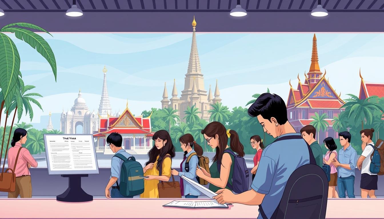 A beautifully composed illustration showcasing the application process for a Thai visa on arrival. Set against a serene backdrop of traditional Thai architecture, the image depicts a traveler navigating the visa counter, their expression focused as they meticulously fill out the necessary forms. The foreground is well-lit, highlighting the intricate details of the process, while the middle ground features a queue of fellow applicants, each person captured in a natural, candid pose. The background blends the modern and the historic, with towering palace-like structures and lush tropical foliage, creating a sense of place and cultural ambiance. The overall atmosphere is one of efficiency and cultural immersion, perfectly encapsulating the visa application experience.