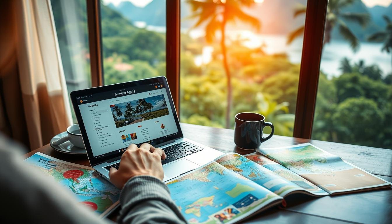 A beautifully composed image of a person carefully researching and comparing travel agency options on a laptop, surrounded by colorful travel brochures, maps, and a cup of coffee. The warm, inviting lighting creates a cozy atmosphere, emphasizing the thoughtful decision-making process. The scene is framed by a window overlooking a lush, tropical landscape, hinting at the exciting destination to come. The overall mood is one of anticipation and careful planning, capturing the essence of choosing the perfect travel agency for an unforgettable Thai adventure. A beautifully composed image of a person carefully researching and comparing travel agency options on a laptop, surrounded by colorful travel brochures, maps, and a cup of coffee. The warm, inviting lighting creates a cozy atmosphere, emphasizing the thoughtful decision-making process. The scene is framed by a window overlooking a lush, tropical landscape, hinting at the exciting destination to come. The overall mood is one of anticipation and careful planning, capturing the essence of choosing the perfect travel agency for an unforgettable Thai adventure.