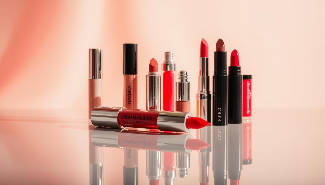 A beautifully lit close-up of an array of lip glosses and lipsticks in a range of shades, from soft nudes to vibrant reds and pinks. The products are arranged elegantly on a sleek, mirrored surface, reflecting the light and creating a sense of depth and dimension. The background is a soft, hazy gradient, allowing the makeup to take center stage. The lighting is warm and flattering, highlighting the glossy, moisturizing textures of the lip products. The overall composition is visually striking, showcasing the versatility and allure of these multi-purpose lip cosmetics. A beautifully lit close-up of an array of lip glosses and lipsticks in a range of shades, from soft nudes to vibrant reds and pinks. The products are arranged elegantly on a sleek, mirrored surface, reflecting the light and creating a sense of depth and dimension. The background is a soft, hazy gradient, allowing the makeup to take center stage. The lighting is warm and flattering, highlighting the glossy, moisturizing textures of the lip products. The overall composition is visually striking, showcasing the versatility and allure of these multi-purpose lip cosmetics.