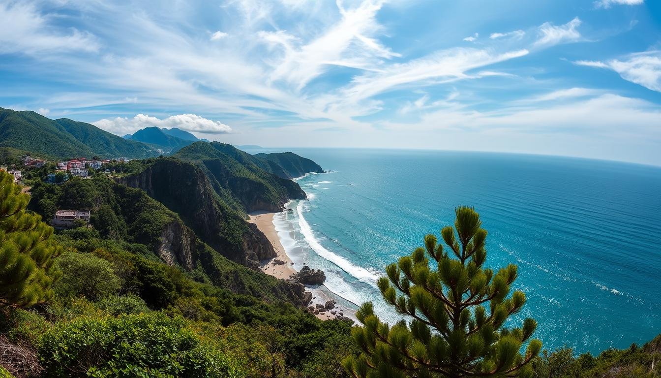 A breathtaking coastal landscape at Haeundae Blue Line Park, Busan, South Korea. Rugged cliffs give way to a pristine sandy beach, framed by the glistening turquoise waters of the East Sea. Wispy clouds drift overhead, casting shifting patterns of light and shadow across the tranquil scene. In the foreground, lush green foliage and windswept pine trees add a sense of serene natural harmony. Gentle waves caress the shore, their soothing rhythm creating a calming ambiance. Captured through the lens of a wide-angle camera, this panoramic vista showcases the breathtaking coastal beauty that defines this picturesque region. A breathtaking coastal landscape at Haeundae Blue Line Park, Busan, South Korea. Rugged cliffs give way to a pristine sandy beach, framed by the glistening turquoise waters of the East Sea. Wispy clouds drift overhead, casting shifting patterns of light and shadow across the tranquil scene. In the foreground, lush green foliage and windswept pine trees add a sense of serene natural harmony. Gentle waves caress the shore, their soothing rhythm creating a calming ambiance. Captured through the lens of a wide-angle camera, this panoramic vista showcases the breathtaking coastal beauty that defines this picturesque region.