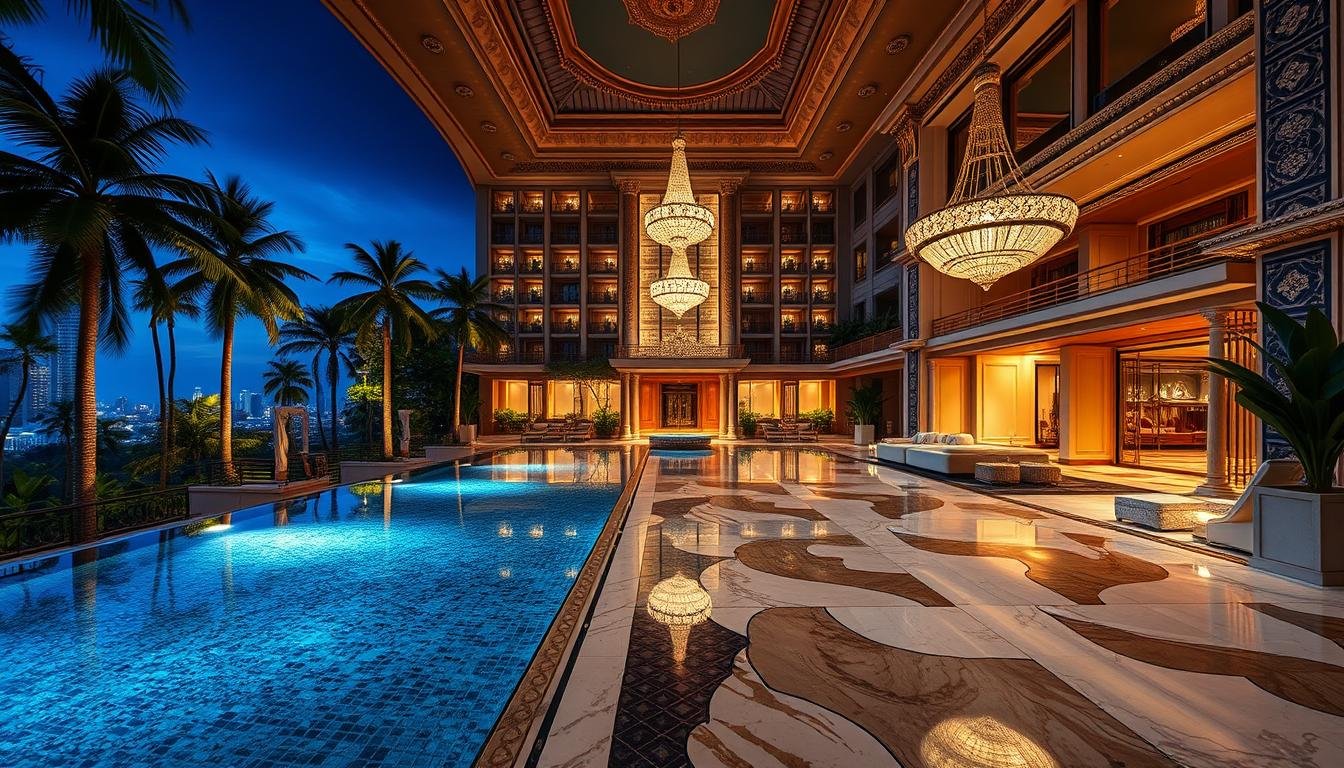 A breathtaking, high-end hotel in the heart of Bangkok, surrounded by lush tropical gardens and shimmering pools. The grand entrance leads to an opulent lobby with gleaming marble floors and intricate carvings. Towering ceilings, ornate chandeliers, and rich fabrics create an atmosphere of unparalleled luxury. The spacious guest rooms feature floor-to-ceiling windows, plush furnishings, and indulgent en-suite bathrooms. Guests can relax by the infinity pool overlooking the city skyline or indulge in gourmet dining at the hotel's exquisite restaurants. Dramatic lighting accentuates the elegant, sophisticated design, transporting visitors to a realm of refined Thai hospitality. A breathtaking, high-end hotel in the heart of Bangkok, surrounded by lush tropical gardens and shimmering pools. The grand entrance leads to an opulent lobby with gleaming marble floors and intricate carvings. Towering ceilings, ornate chandeliers, and rich fabrics create an atmosphere of unparalleled luxury. The spacious guest rooms feature floor-to-ceiling windows, plush furnishings, and indulgent en-suite bathrooms. Guests can relax by the infinity pool overlooking the city skyline or indulge in gourmet dining at the hotel's exquisite restaurants. Dramatic lighting accentuates the elegant, sophisticated design, transporting visitors to a realm of refined Thai hospitality.