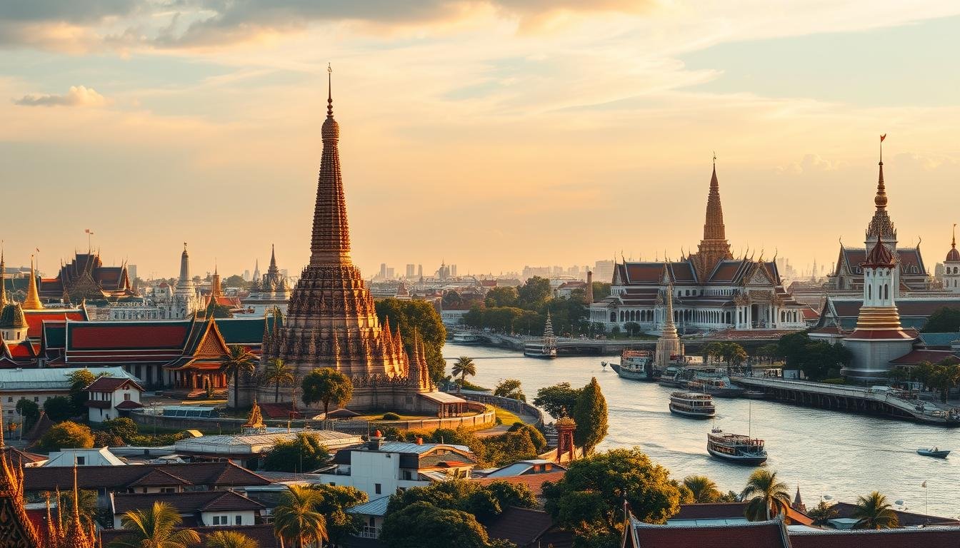 A breathtaking panorama of Thailand's iconic landmarks, bathed in warm, golden light. In the foreground, the iconic Wat Arun temple rises majestically, its intricate spires and ornate details casting mesmerizing shadows. In the middle ground, the serene Chao Phraya River flows, flanked by traditional wooden houses and bustling riverboats. Beyond, the grand Wat Pho and the imposing Grand Palace dominate the skyline, their distinctive roofs and ornate architecture commanding attention. The scene is imbued with a sense of timeless beauty and cultural richness, inviting the viewer to immerse themselves in the essence of Thailand's captivating heritage.