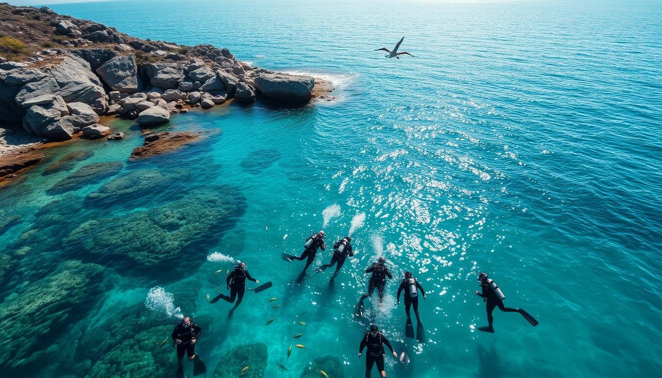 A breathtaking seascape of the Sai Kung Peninsula's Hap Mun Bay, also known as "Chek Chau Hoi Ha Wan". Crystal clear turquoise waters gently lap against a rugged coastline of granite cliffs and boulders. Schools of colorful tropical fish dart through the shimmering sunlit shallows, while above, seabirds soar on the ocean breeze. In the foreground, a group of divers, their scuba gear glinting, explore the diverse marine life of this renowned Hong Kong dive site. The overall mood is one of peaceful tranquility, inviting the viewer to imagine the wonders that lie beneath the waves. A breathtaking seascape of the Sai Kung Peninsula's Hap Mun Bay, also known as "Chek Chau Hoi Ha Wan". Crystal clear turquoise waters gently lap against a rugged coastline of granite cliffs and boulders. Schools of colorful tropical fish dart through the shimmering sunlit shallows, while above, seabirds soar on the ocean breeze. In the foreground, a group of divers, their scuba gear glinting, explore the diverse marine life of this renowned Hong Kong dive site. The overall mood is one of peaceful tranquility, inviting the viewer to imagine the wonders that lie beneath the waves.