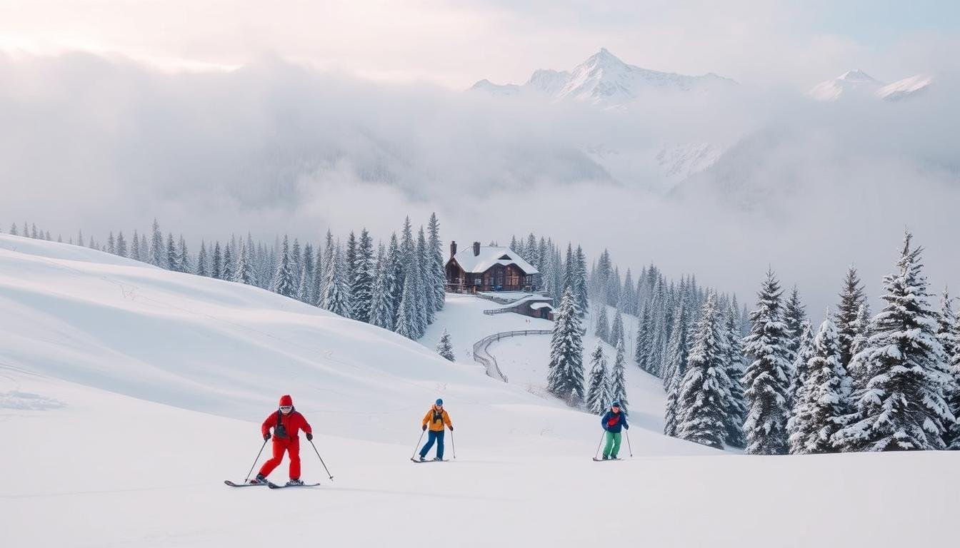 A breathtaking winter landscape, captured with a wide-angle lens and soft, diffused lighting. In the foreground, a group of skiers gracefully carve through pristine, powdery snow, their colorful jackets and equipment standing out against the serene, snow-covered hills. In the middle ground, a cozy ski lodge nestled amidst towering pine trees, its warm, inviting glow contrasting with the crisp, cold air. In the background, majestic snow-capped mountains rise up, their peaks piercing the soft, hazy sky. The scene exudes a sense of tranquility and joy, perfectly capturing the essence of a winter wonderland and the thrilling experience of skiing during this magical season.