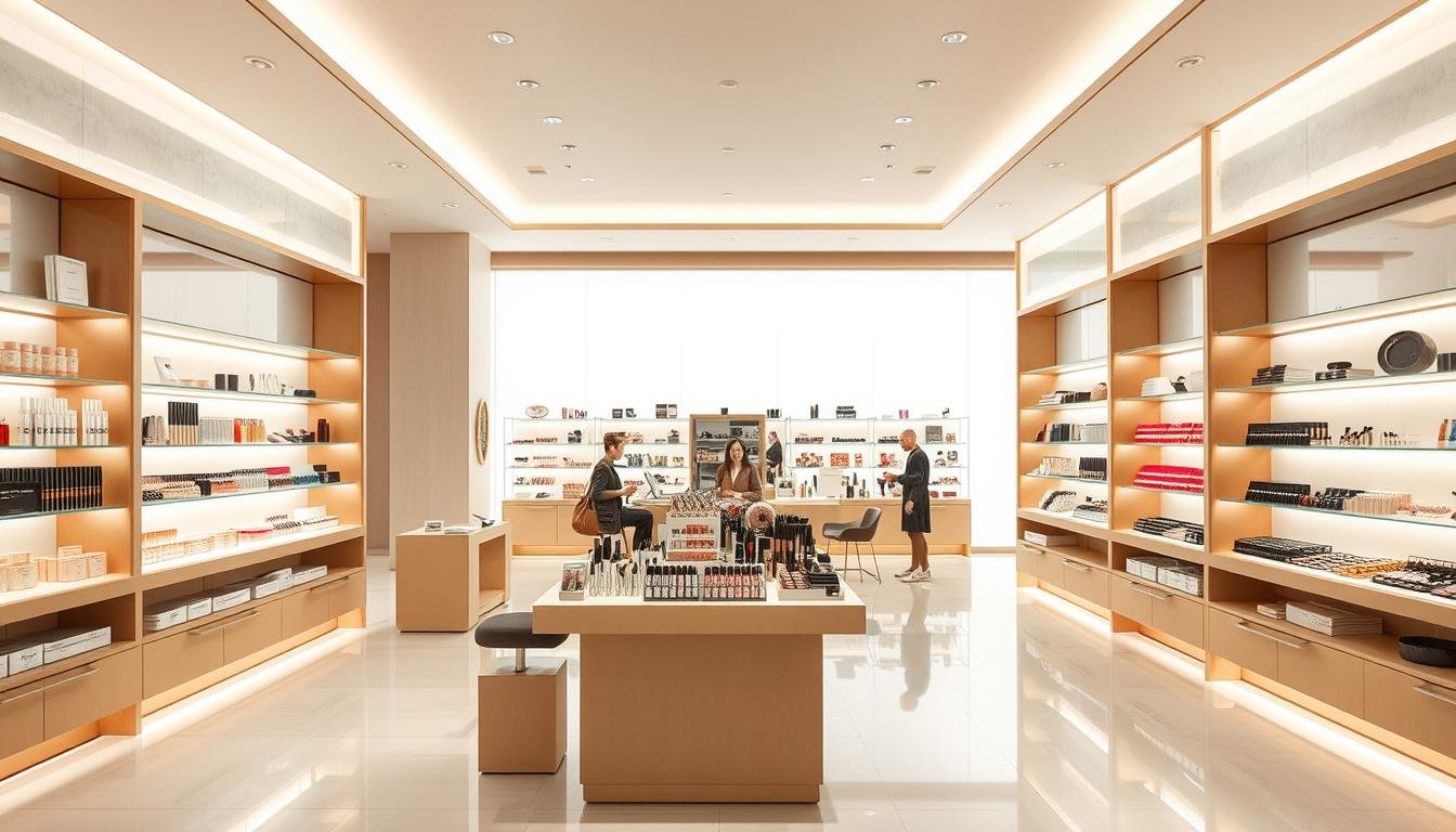 A bright, spacious retail store interior with a warm, welcoming ambiance. At the center, a stylish, well-organized makeup counter showcases an array of premium cosmetic products. Elegant, minimalist display shelves line the walls, highlighting the brand's signature packaging and color palette. Soft, diffused lighting creates a flattering, inviting atmosphere, guiding customers towards the attentive, knowledgeable sales associates who are ready to provide personalized product recommendations and application demonstrations. The overall scene conveys a high-end, luxurious shopping experience tailored to the discerning Marina K.C. customer. A bright, spacious retail store interior with a warm, welcoming ambiance. At the center, a stylish, well-organized makeup counter showcases an array of premium cosmetic products. Elegant, minimalist display shelves line the walls, highlighting the brand's signature packaging and color palette. Soft, diffused lighting creates a flattering, inviting atmosphere, guiding customers towards the attentive, knowledgeable sales associates who are ready to provide personalized product recommendations and application demonstrations. The overall scene conveys a high-end, luxurious shopping experience tailored to the discerning Marina K.C. customer.