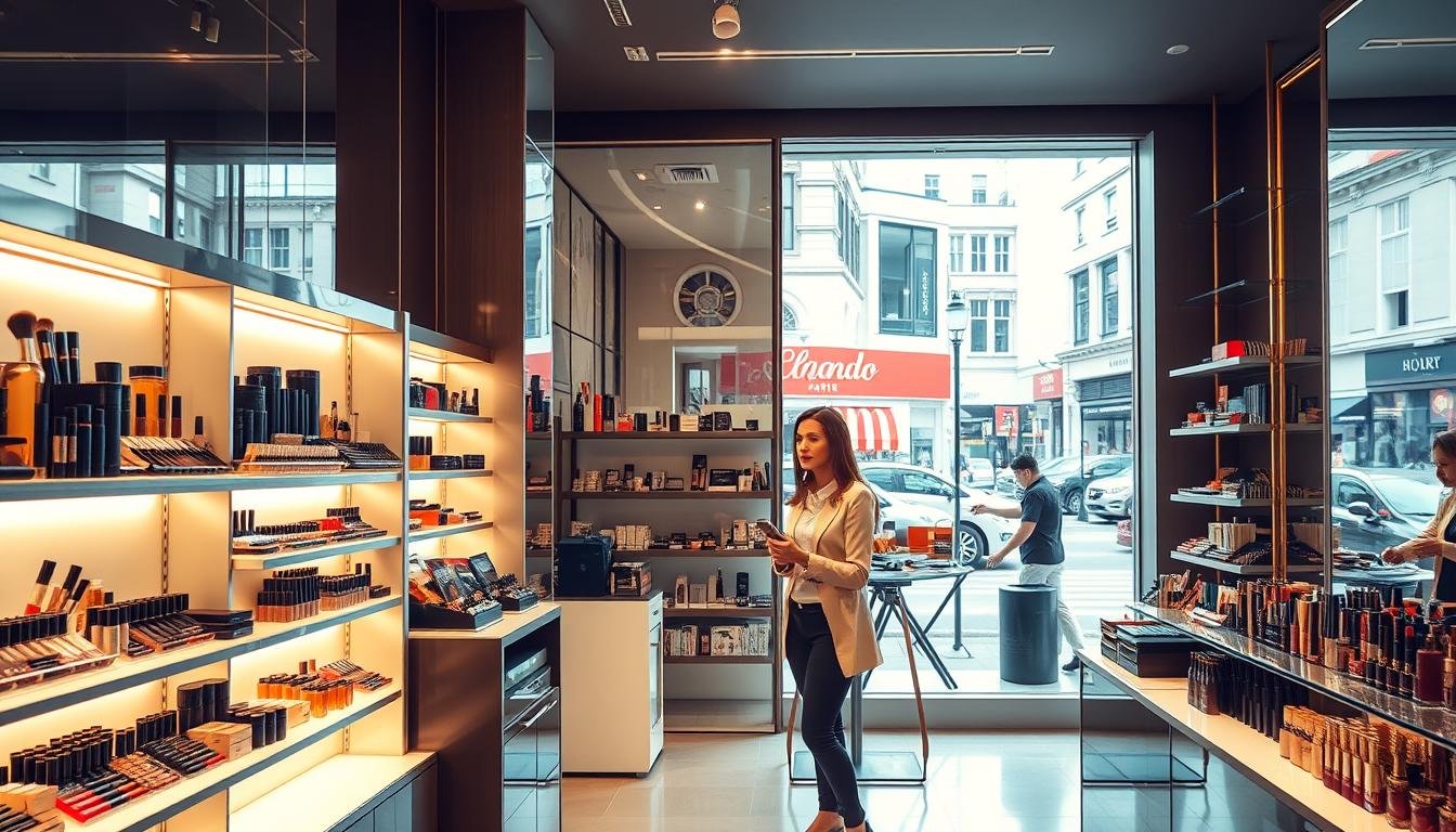 A bright, well-lit interior of a chic cosmetic store, showcasing an array of premium makeup products artfully displayed on sleek shelves. A knowledgeable sales assistant stands nearby, offering personalized guidance to a customer as they explore the store's selection. The atmosphere is inviting, with warm lighting and a clean, modern design that emphasizes the high-quality nature of the products. In the background, a large display window overlooks a bustling city street, allowing natural light to flood the space. The overall scene conveys a sense of professionalism, expertise, and the opportunity for an immersive, hands-on shopping experience.