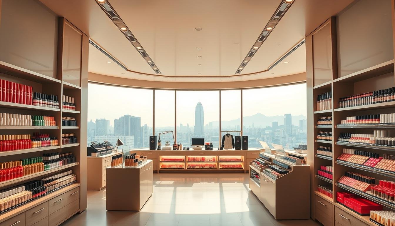 A brightly lit, modern Korean cosmetics store with a sleek, minimalist interior design. The main focal point is a large, illuminated display showcasing an array of vibrant, high-quality makeup products. The shelves are neatly organized, inviting customers to browse and discover the latest beauty trends. The store is bathed in warm, natural lighting, creating a serene and welcoming atmosphere. In the background, a panoramic window offers a glimpse of the bustling Seoul cityscape, adding a touch of urban chic to the scene. The overall impression is one of sophistication, quality, and an effortless shopping experience.