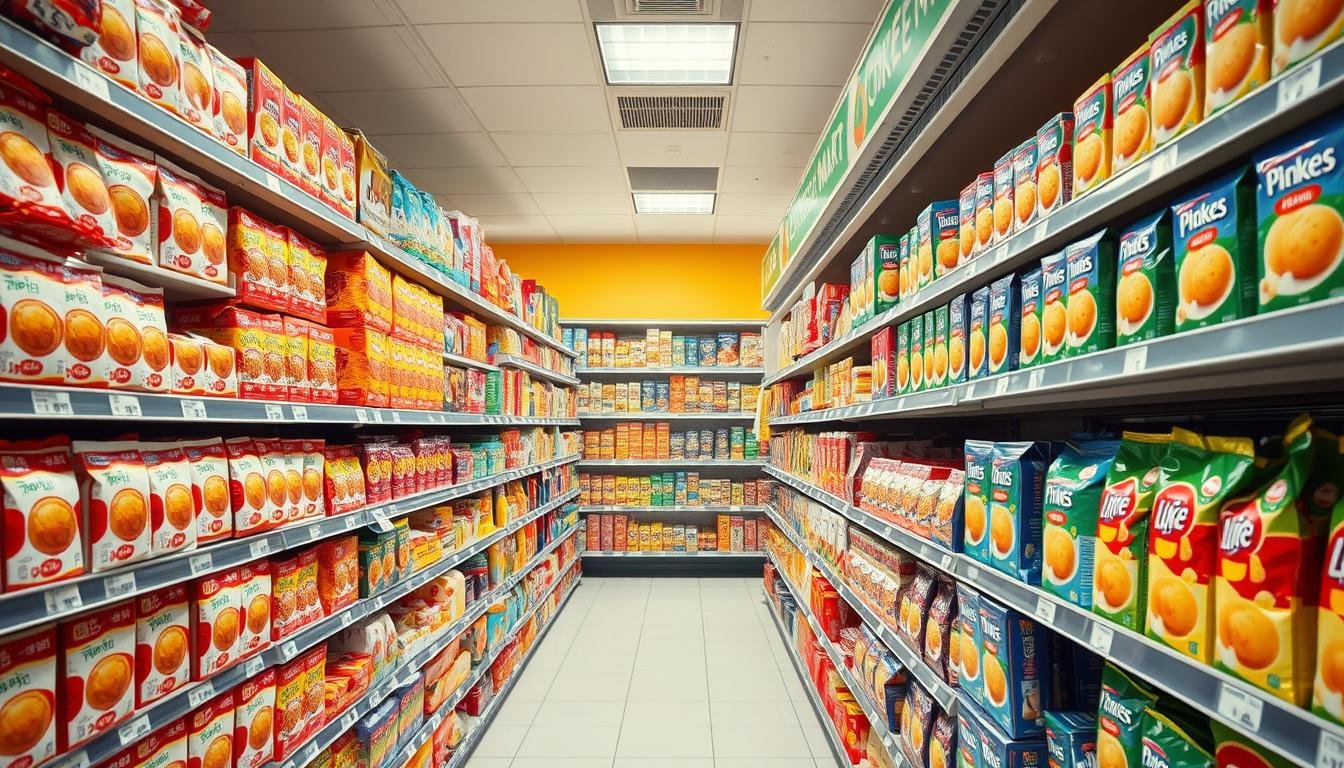 A brightly lit, neatly organized snack aisle in a Lotte Mart grocery store, showcasing an extensive selection of Korean cookies and crackers. The shelves are stacked with a variety of colorful, well-packaged treats, ranging from traditional biscuits to innovative flavors. The scene is captured from a slightly elevated angle, highlighting the depth and variety of the display. Soft, directional lighting illuminates the products, creating a warm and inviting atmosphere that beckons shoppers to explore and discover new snacking delights. The overall composition and attention to detail convey a sense of order, quality, and the tempting abundance of the "Lotte Mart Cookie Section".