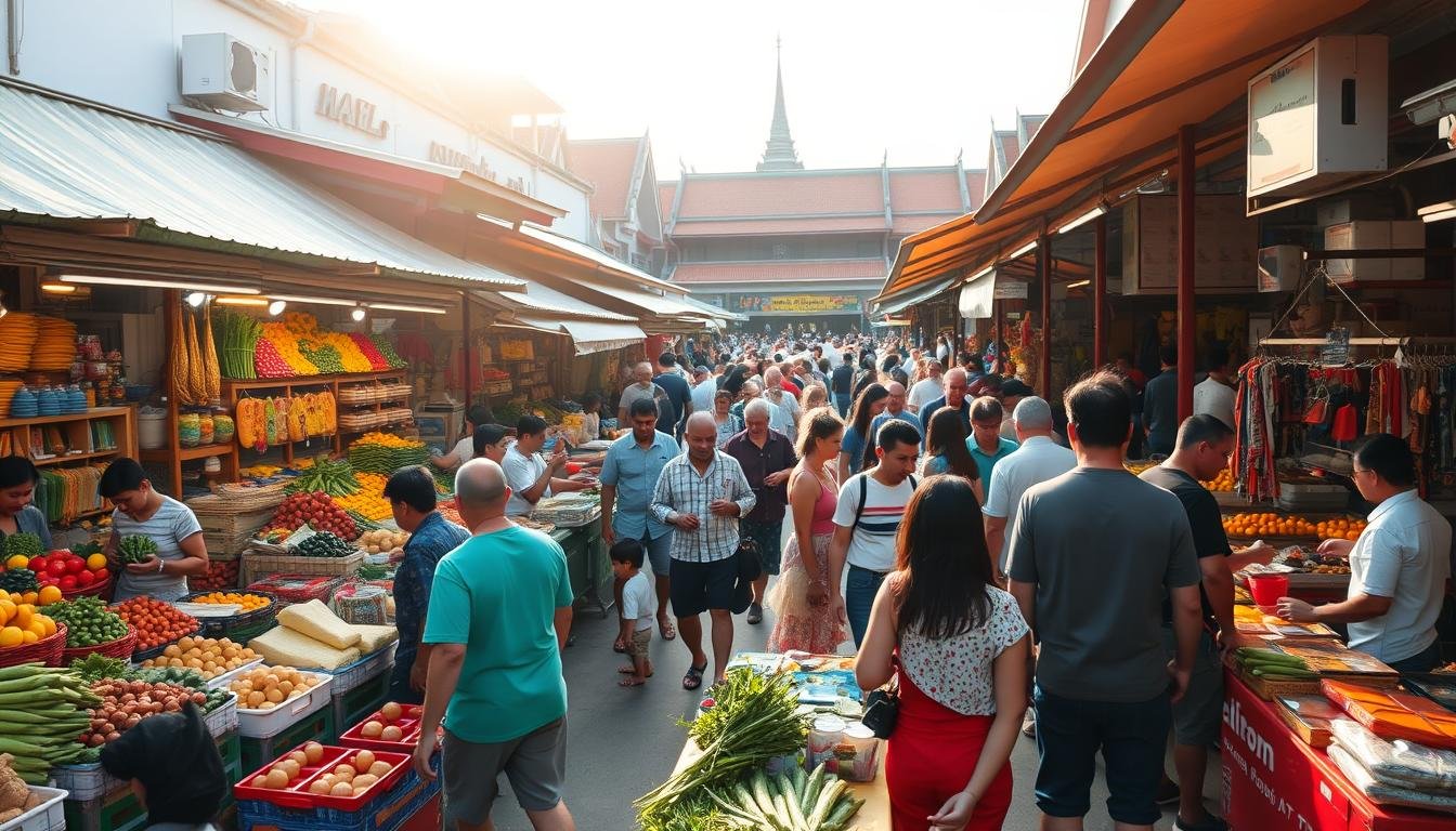 A bustling Bangkok morning market scene, captured with a wide-angle lens. In the foreground, colorful stalls and vendors enthusiastically engage with customers, showcasing an array of local produce, handcrafted wares, and traditional cuisine. The middle ground features a diverse crowd of shoppers, both locals and tourists, immersed in lively conversations and cultural exchanges. The background is filled with the vibrant architecture of the market, complemented by the warm, golden glow of the morning sun filtering through the canopies. The atmosphere radiates a sense of community, tradition, and the rich cultural tapestry that defines the essence of the early morning market experience in Bangkok.