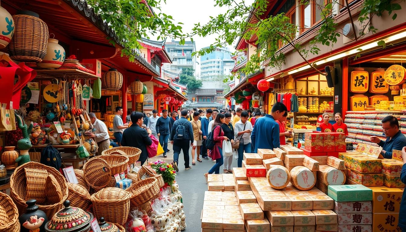 A bustling Busan marketplace, awash in vibrant hues and the aroma of local delicacies. In the foreground, an array of traditional Korean souvenirs and confections - intricately woven baskets, ornate ceramic figurines, and neatly packaged boxes of freshly made treats. The middle ground showcases the lively energy of the crowd, browsing and haggling with vendors against a backdrop of traditional architectural details and lush greenery. Warm, diffused lighting casts a cozy ambiance, while a slightly elevated camera angle provides a comprehensive view of the scene, capturing the essence of Busan's renowned gift shopping experience.