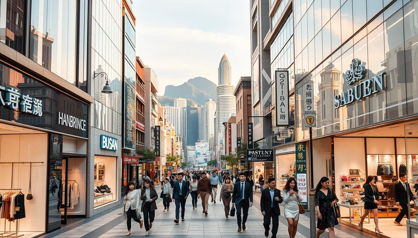A bustling Busan shopping district, showcasing a diverse array of high-end fashion and beauty stores. In the foreground, well-dressed shoppers navigate the wide sidewalks, effortlessly moving between sleek boutiques and chic cosmetics counters. The middle ground features a mix of traditional and modern architecture, with neon-lit signage and glass storefronts reflecting the city's vibrant energy. In the background, towering skyscrapers and mountain silhouettes create a picturesque urban landscape. The scene is bathed in warm, golden lighting, capturing the sophisticated and alluring atmosphere of Busan's premier shopping destination. Intricate details of product displays, payment methods, and savvy shopper strategies come into focus, highlighting the seamless shopping experience.