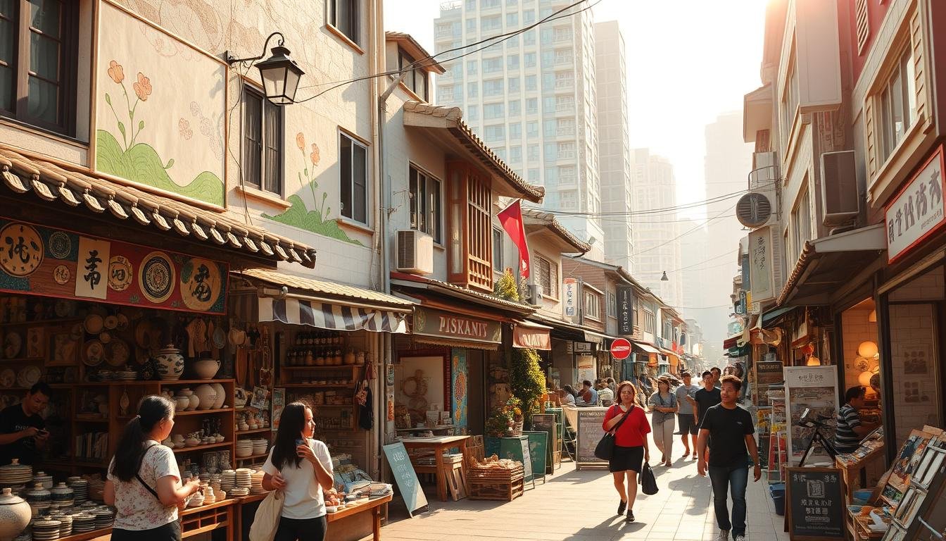 A bustling Busan street lined with charming indie shops, their facades adorned with traditional Korean architectural elements and vibrant murals. In the foreground, customers browse an array of locally crafted artisanal goods - pottery, textiles, and handmade trinkets. The middle ground features cozy cafes and studios, their windows framing artists at work. The background showcases the city's modern high-rises, creating a harmonious blend of old and new. Warm, diffused sunlight filters through, casting a golden glow and imbuing the scene with a sense of authentic, immersive cultural exploration.