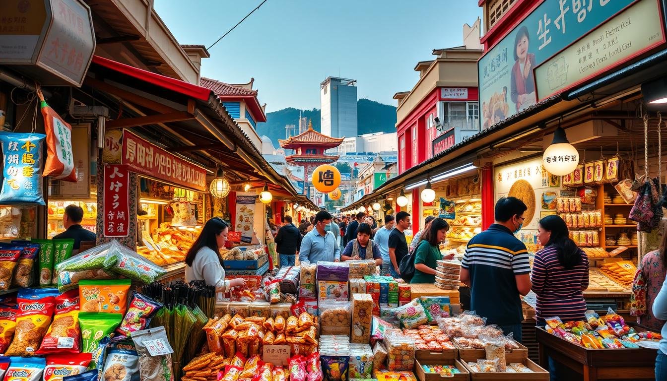 A bustling Busan street market scene, showcasing an array of traditional Korean snacks and souvenirs. In the foreground, a vibrant display of colorful packaging and tempting treats, from crispy seaweed to sweet rice cakes. In the middle ground, shopkeepers and customers haggling over the best deals, creating a lively atmosphere. The background features the iconic architecture of Busan, with its blend of modern and historical structures. Warm, golden lighting casts a cozy glow over the entire scene, inviting the viewer to immerse themselves in the flavors and culture of this renowned shopping destination.