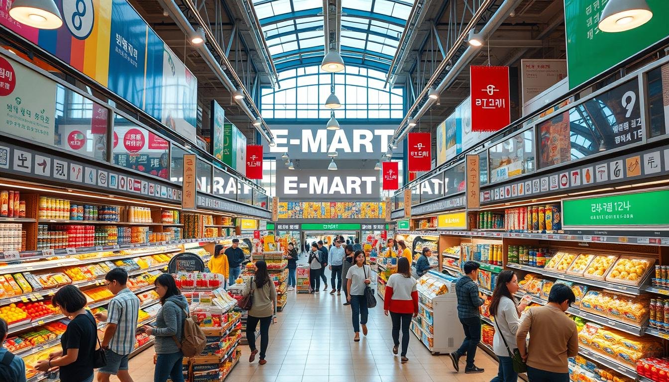 A bustling E-MART superstore nestled in the heart of Busan's Haeundae district, with shoppers immersed in a vibrant retail experience. Warm, natural lighting filters through the expansive windows, casting a inviting glow over the diverse product displays. Shoppers weave through the aisles, examining an array of high-quality Korean goods, from fresh produce to home appliances. The atmosphere is lively yet organized, with helpful staff guiding customers to their desired items. Shelves are meticulously stocked, showcasing the store's impressive selection. An enticing blend of modern and traditional design elements creates a welcoming ambiance, inviting visitors to explore the best of Korean shopping culture. A bustling E-MART superstore nestled in the heart of Busan's Haeundae district, with shoppers immersed in a vibrant retail experience. Warm, natural lighting filters through the expansive windows, casting a inviting glow over the diverse product displays. Shoppers weave through the aisles, examining an array of high-quality Korean goods, from fresh produce to home appliances. The atmosphere is lively yet organized, with helpful staff guiding customers to their desired items. Shelves are meticulously stocked, showcasing the store's impressive selection. An enticing blend of modern and traditional design elements creates a welcoming ambiance, inviting visitors to explore the best of Korean shopping culture.